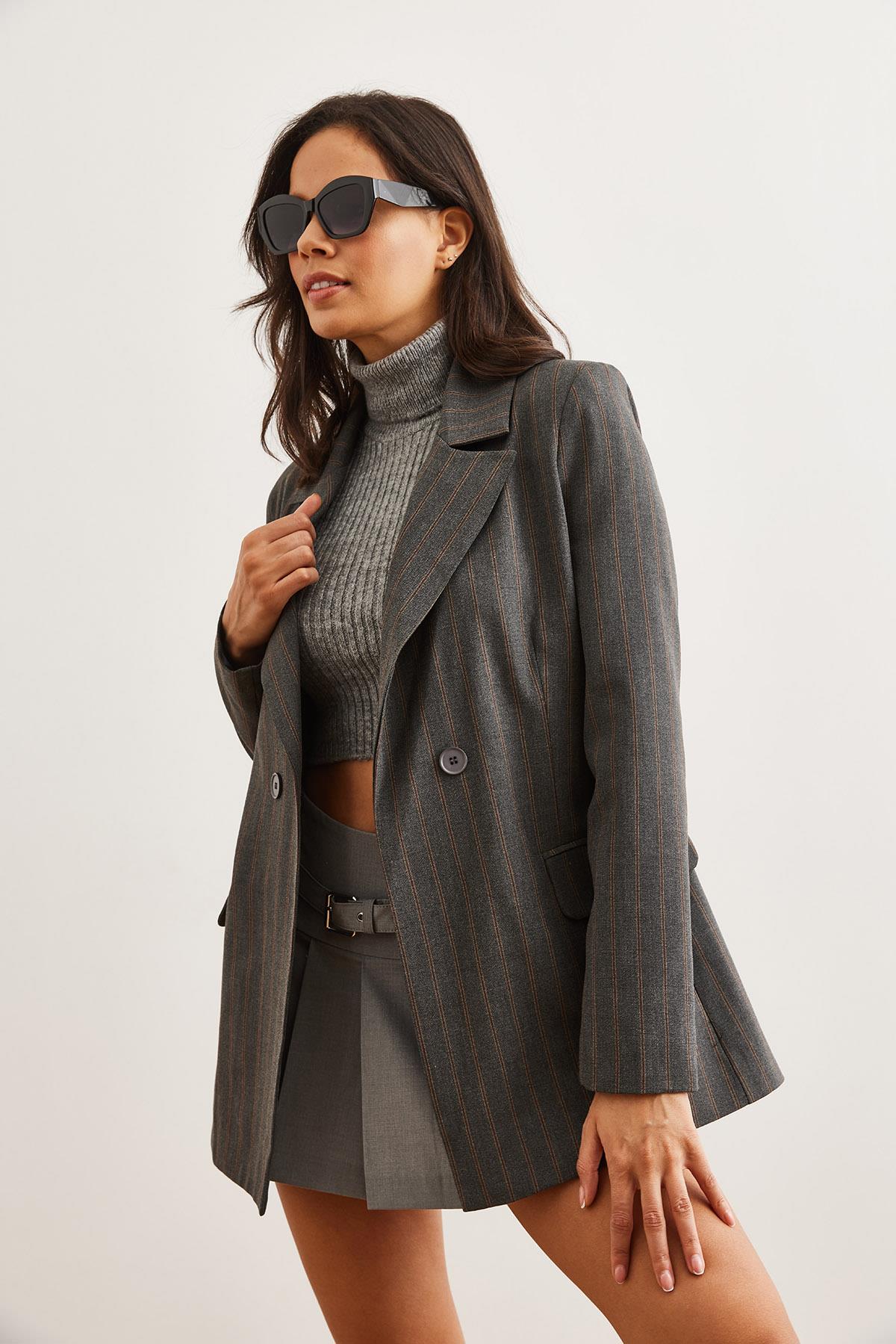 Tek Düğmeli Astarlı Oversize Blazer Ceket Çizgili Gri