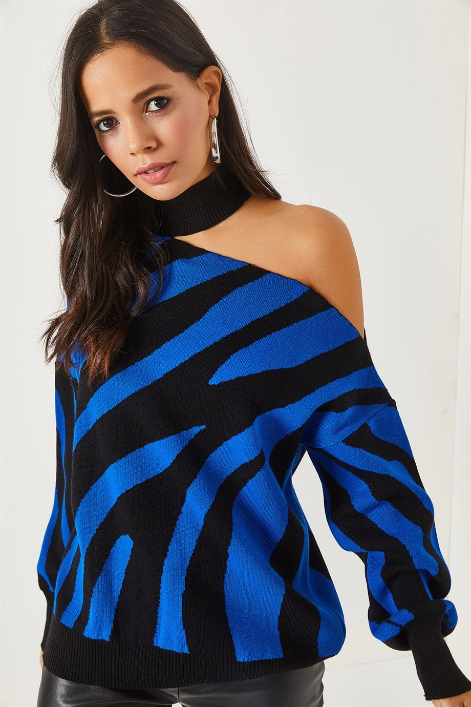 Tek Omuz Zebra Desen Oversize Triko Kazak Saks Mavi