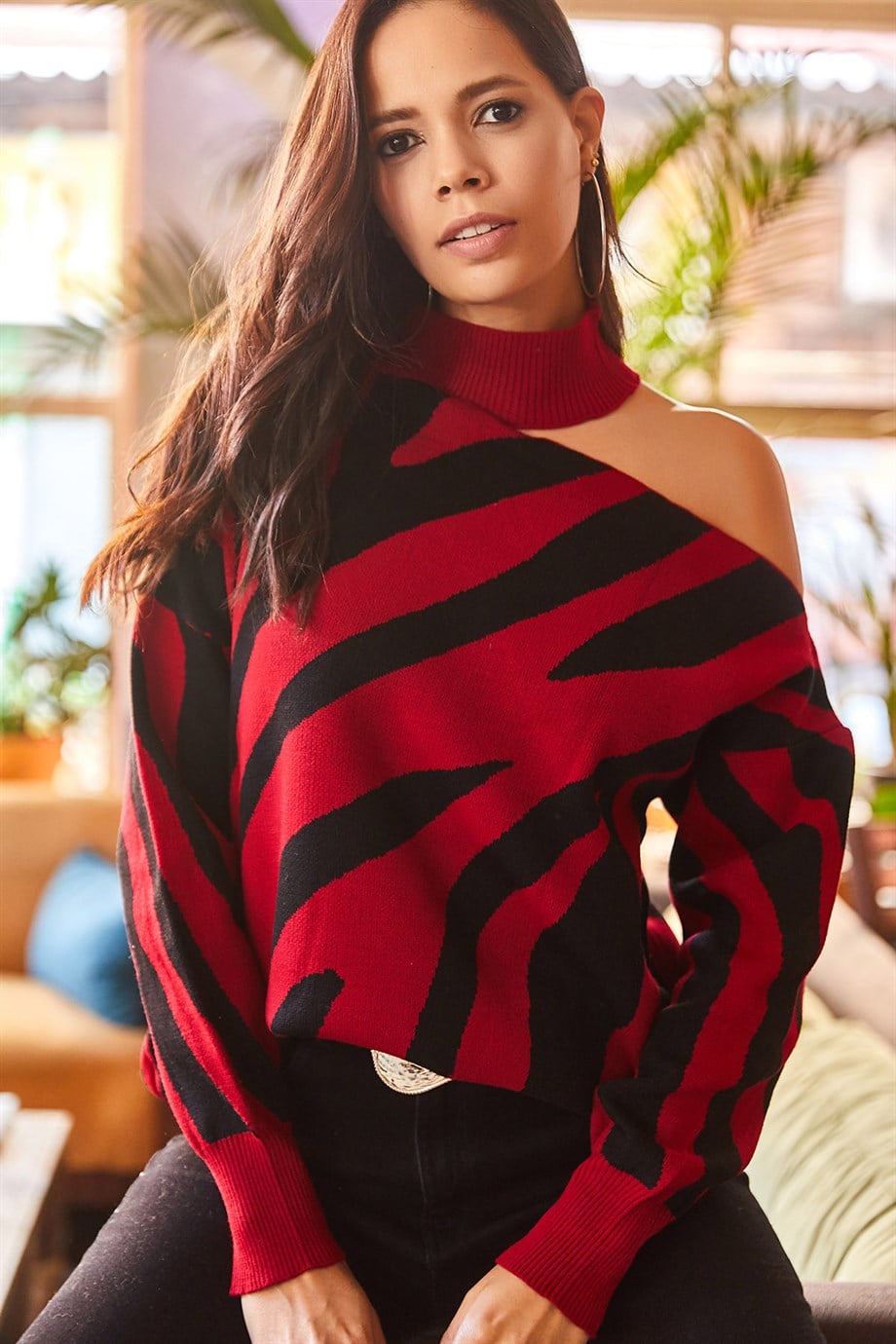 Tek Omuz Zebra Desen Oversize Triko Kazak Bordo