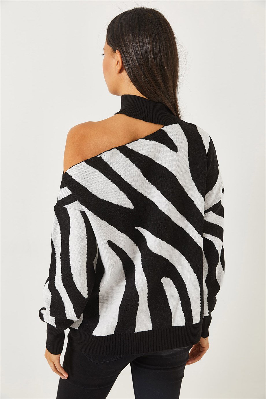 Tek Omuz Zebra Desen Oversize Triko Kazak Siyah