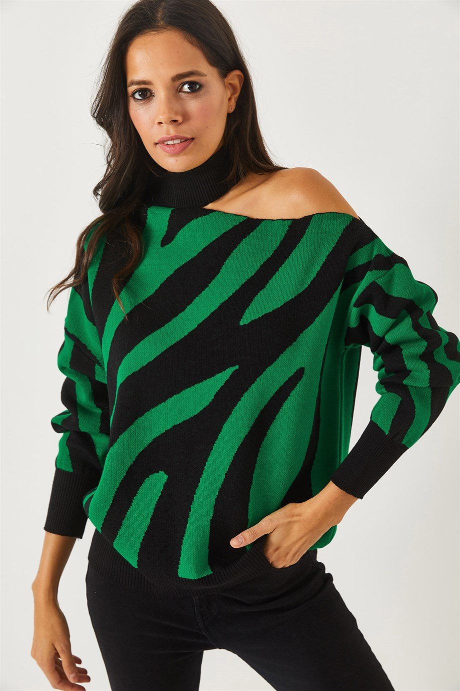 Tek Omuz Zebra Desen Oversize Triko Kazak Zümrüt Yeşili