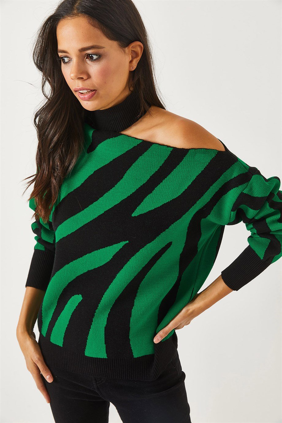 Tek Omuz Zebra Desen Oversize Triko Kazak Zümrüt Yeşili