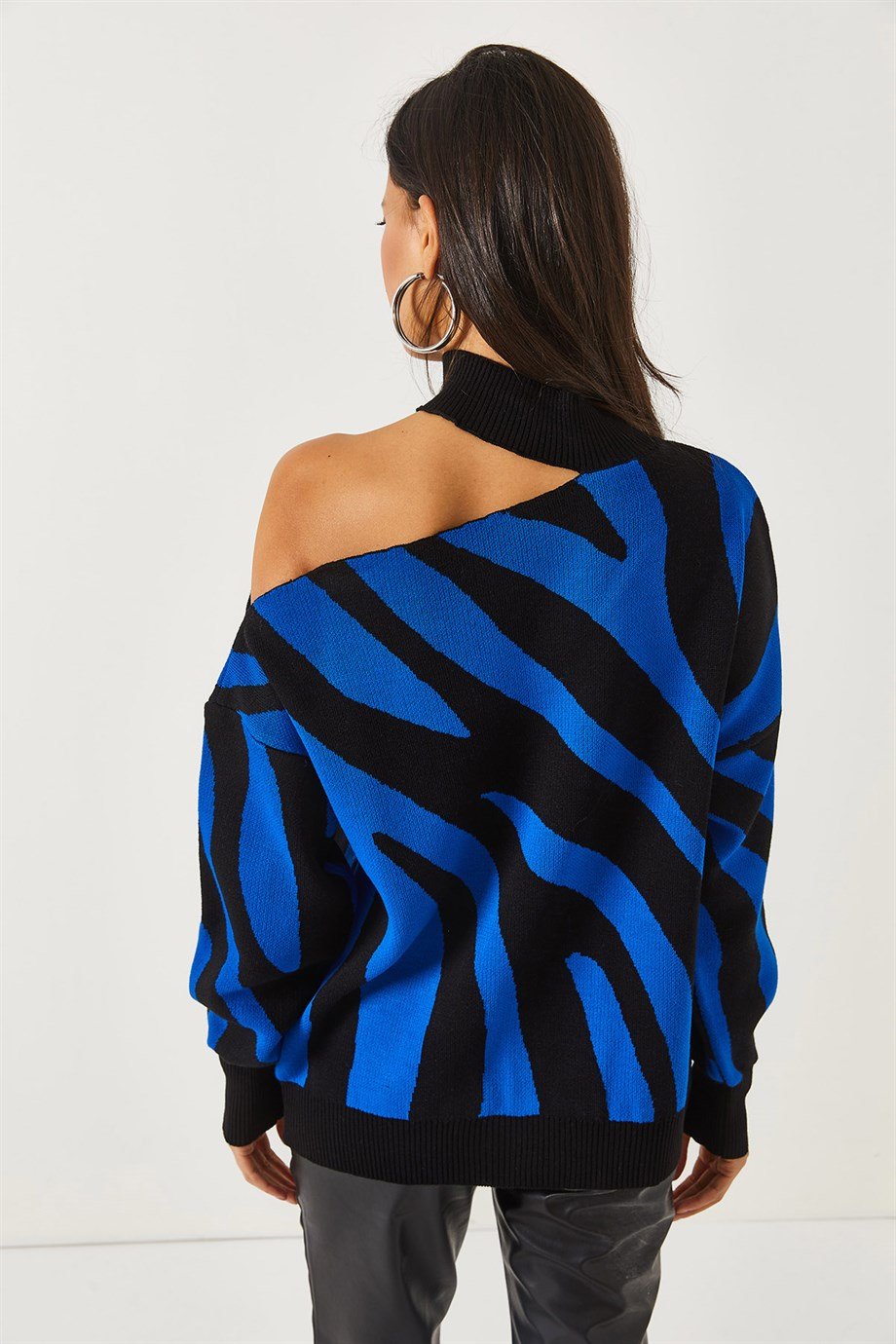Tek Omuz Zebra Desen Oversize Triko Kazak Saks Mavi