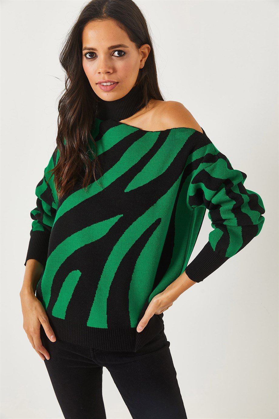 Tek Omuz Zebra Desen Oversize Triko Kazak Zümrüt Yeşili