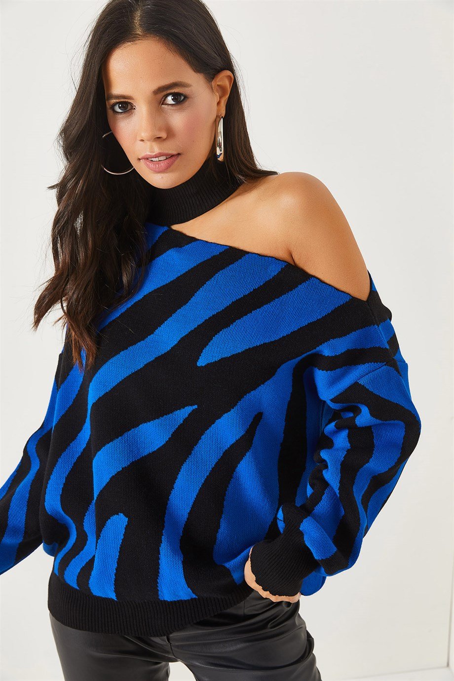 Tek Omuz Zebra Desen Oversize Triko Kazak Saks Mavi