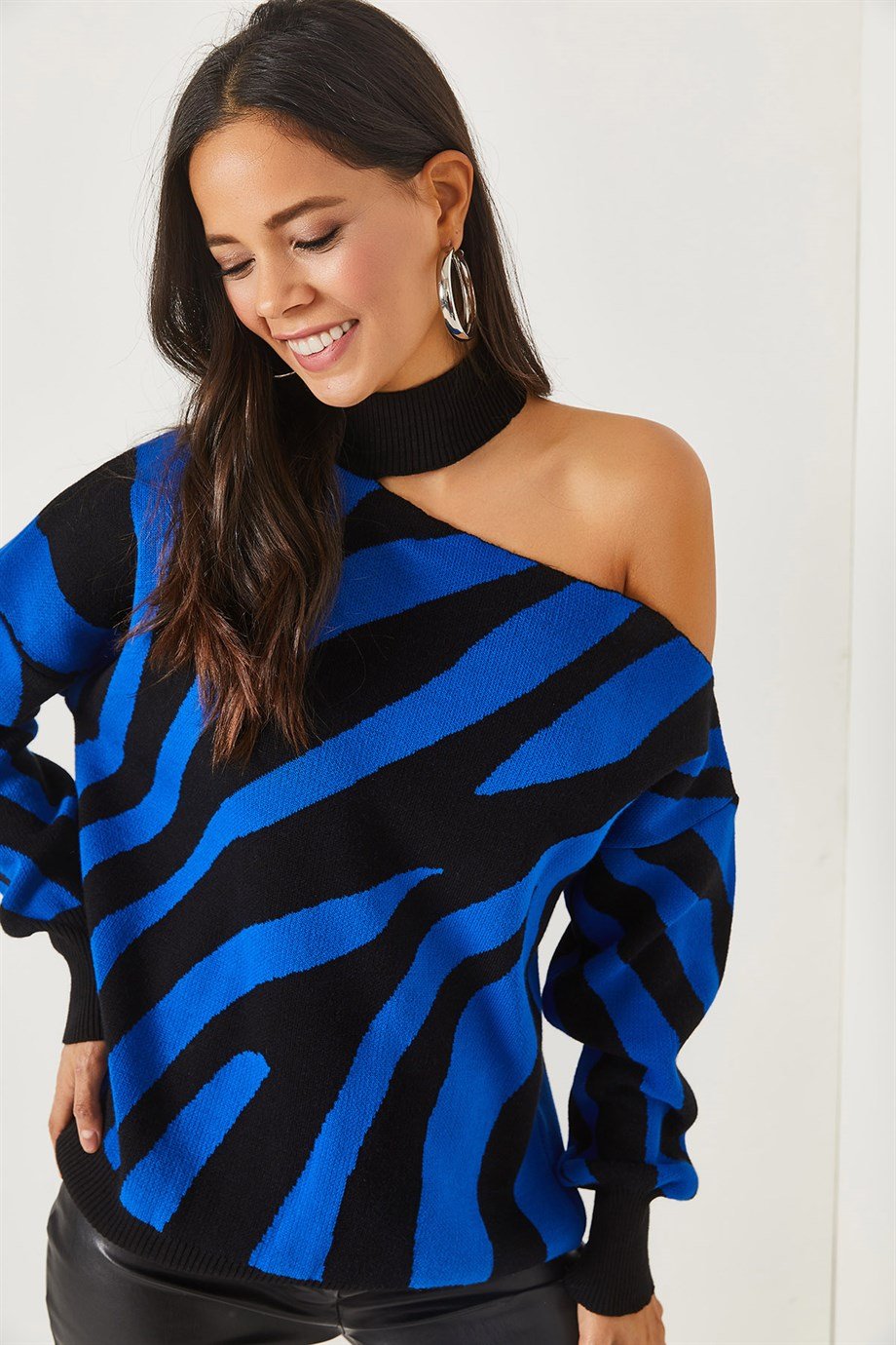 Tek Omuz Zebra Desen Oversize Triko Kazak Saks Mavi