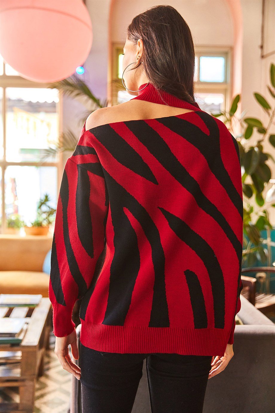 Tek Omuz Zebra Desen Oversize Triko Kazak Bordo