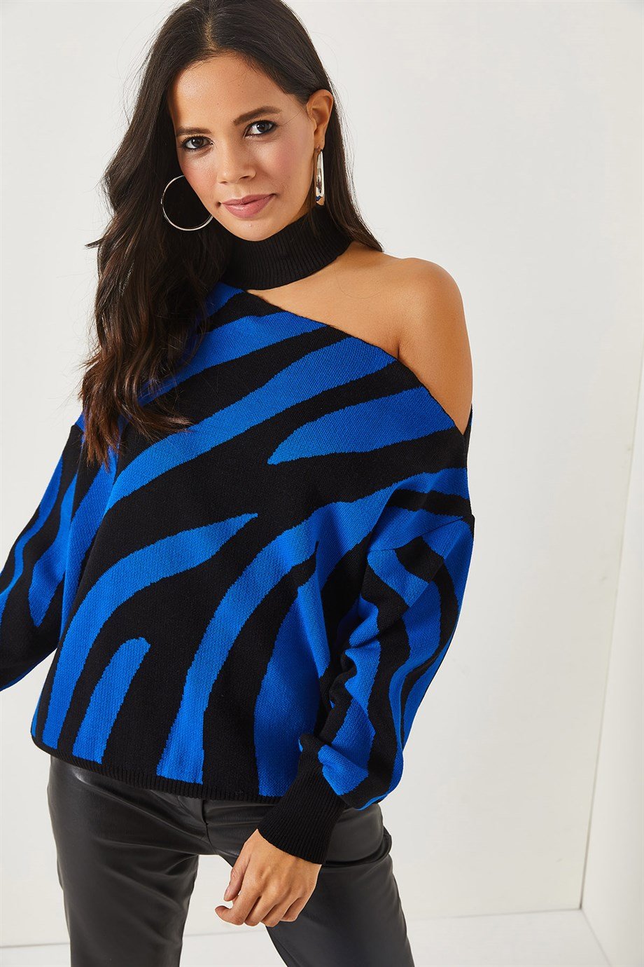Tek Omuz Zebra Desen Oversize Triko Kazak Saks Mavi