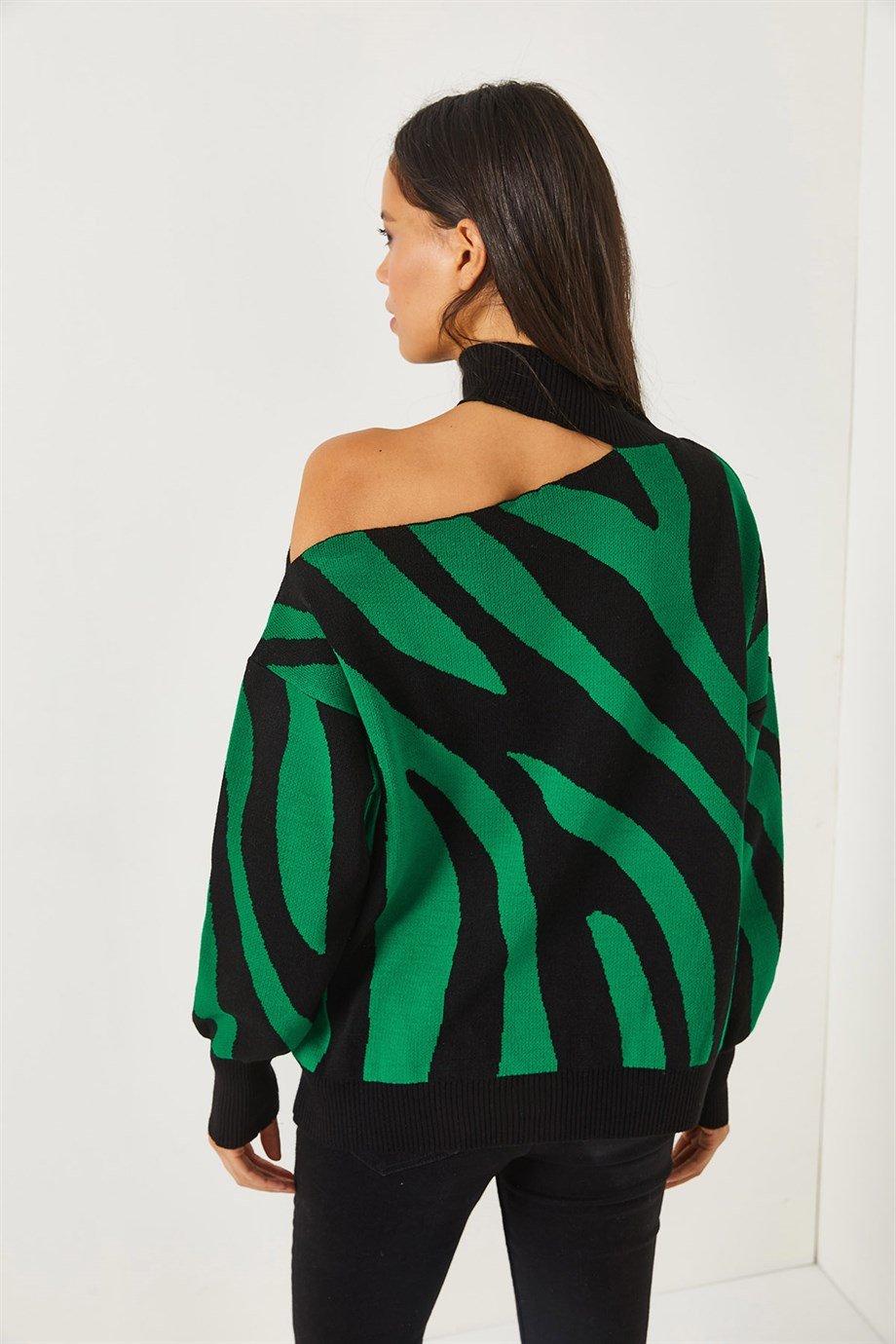 Tek Omuz Zebra Desen Oversize Triko Kazak Zümrüt Yeşili