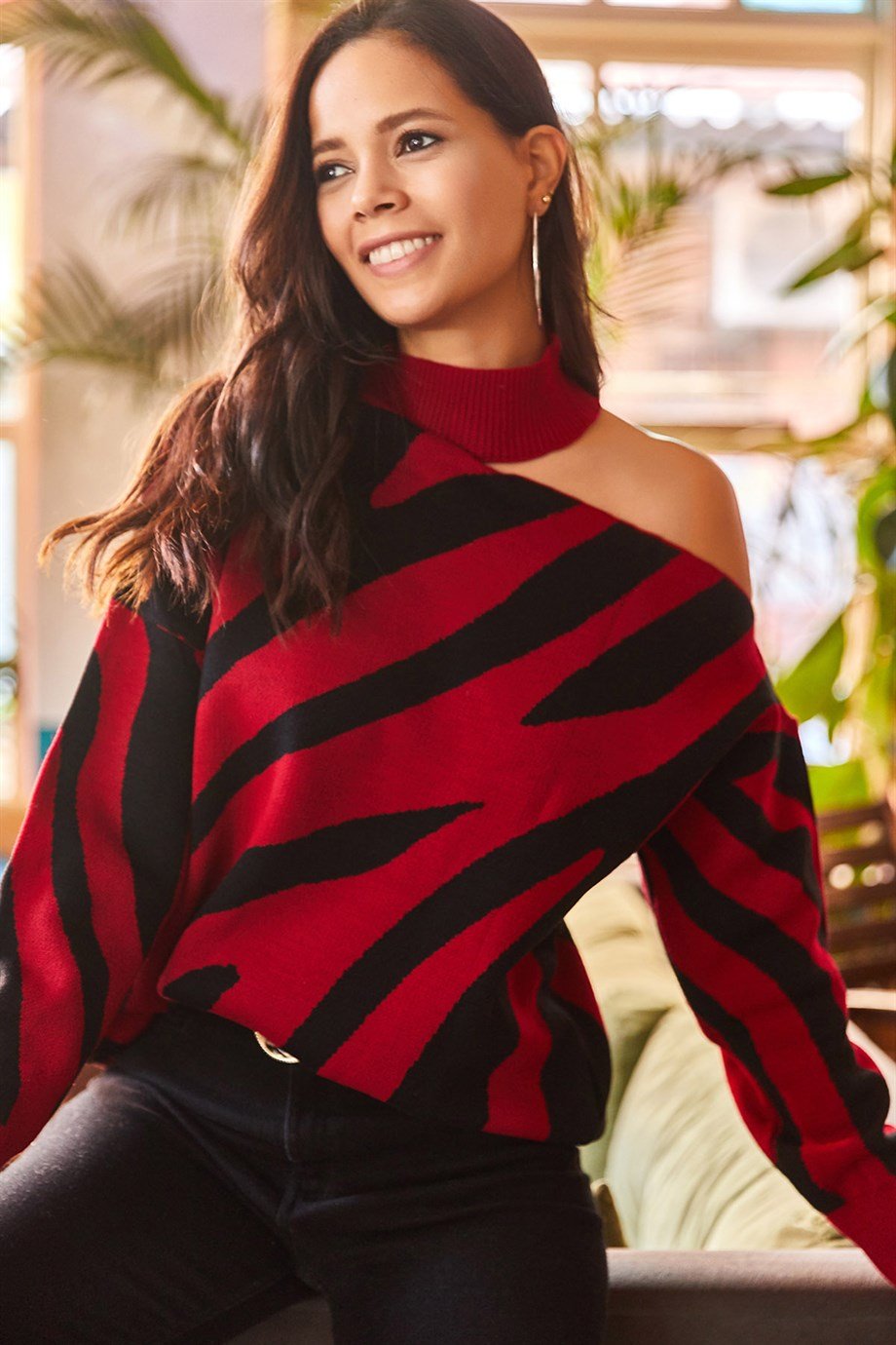 Tek Omuz Zebra Desen Oversize Triko Kazak Bordo
