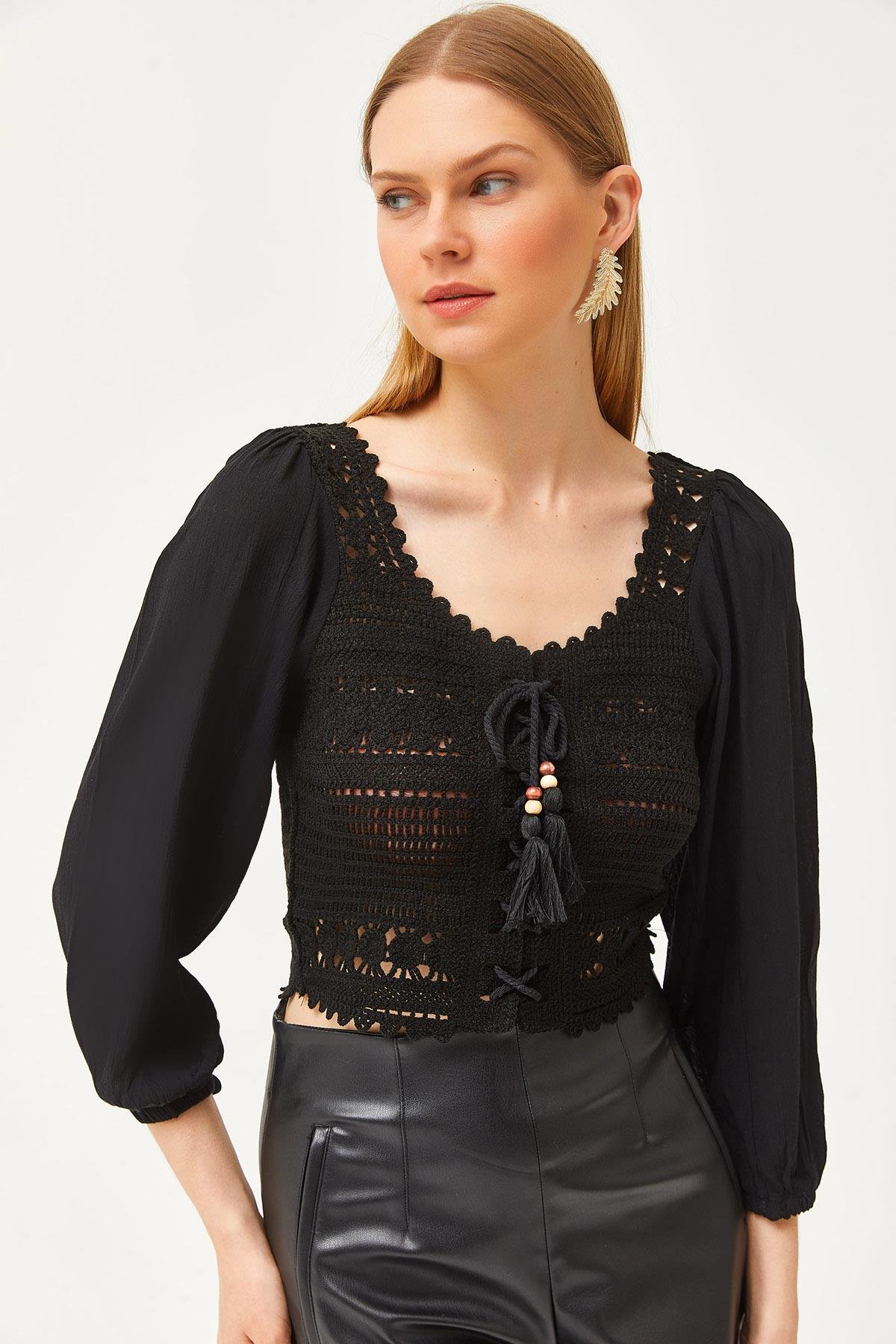 Tığ Örgülü Kolları Balon Crop Bluz Siyah