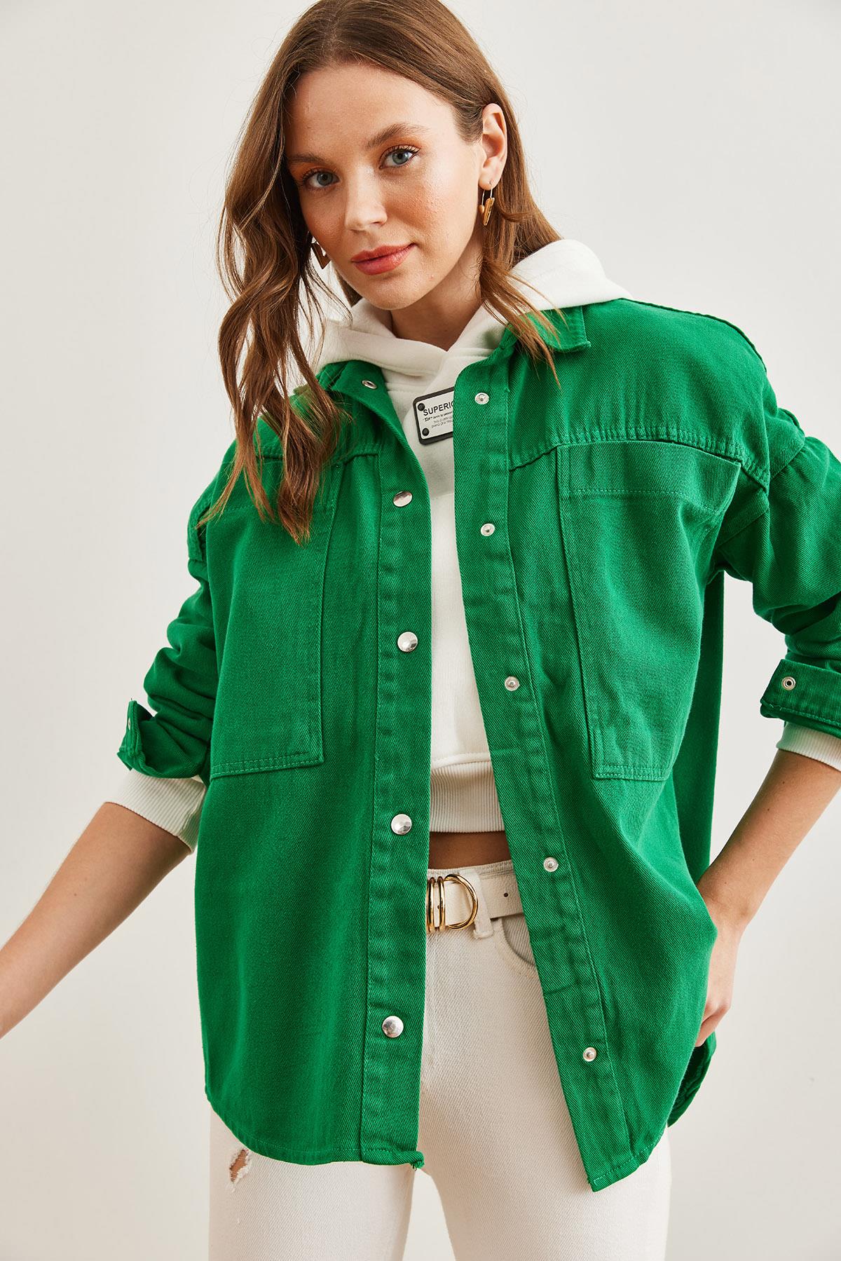 Torba Cepli Oversize Gabardin Gömlek Çimen Yeşili