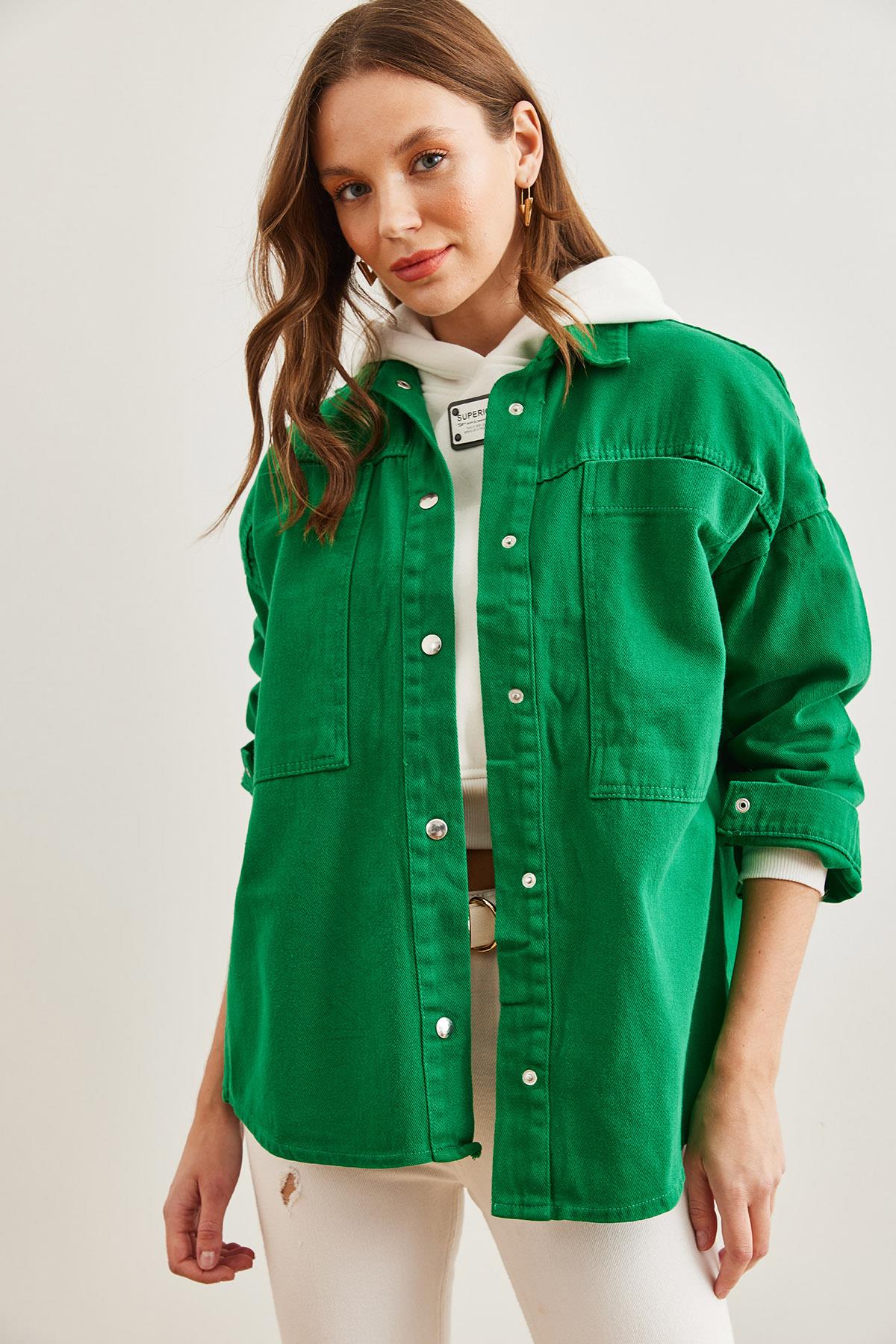 Torba Cepli Oversize Gabardin Gömlek Çimen Yeşili