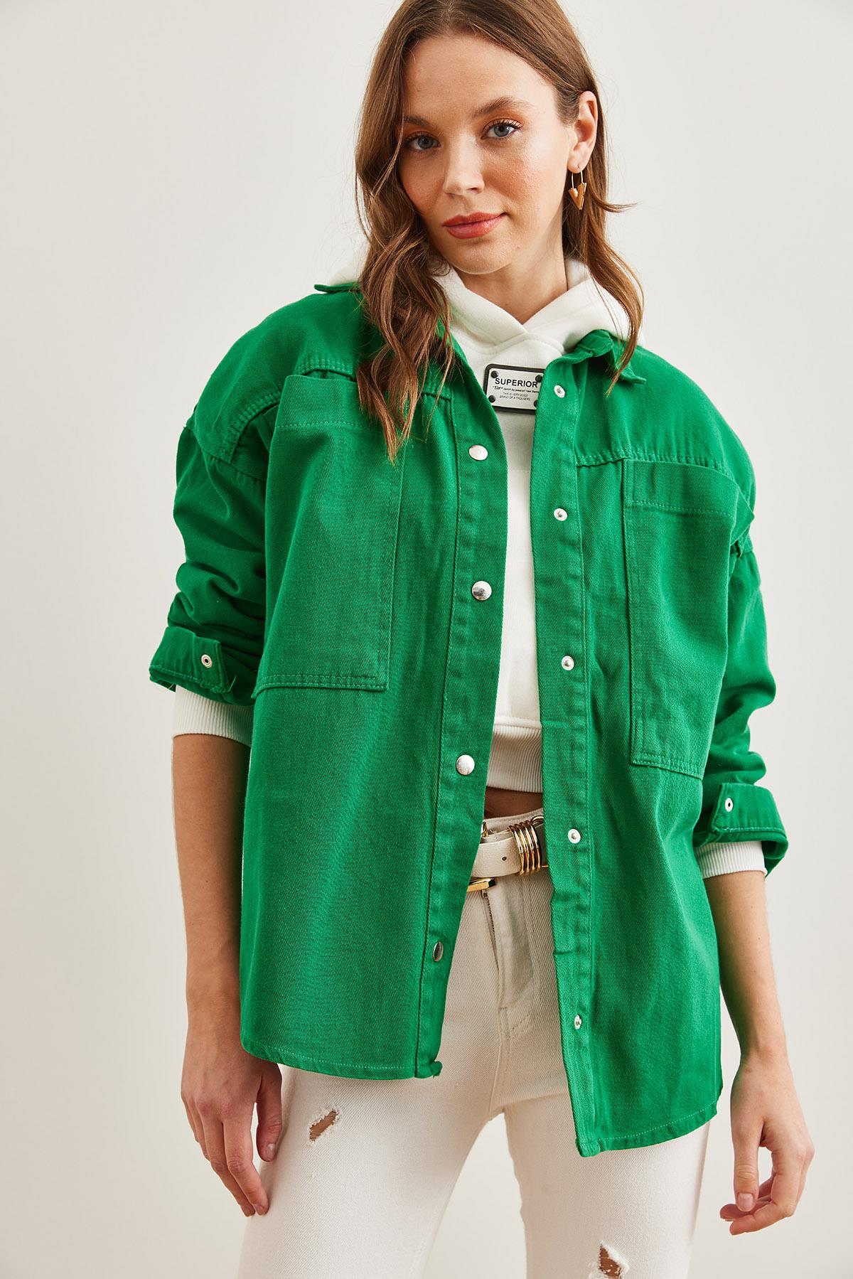 Torba Cepli Oversize Gabardin Gömlek Çimen Yeşili
