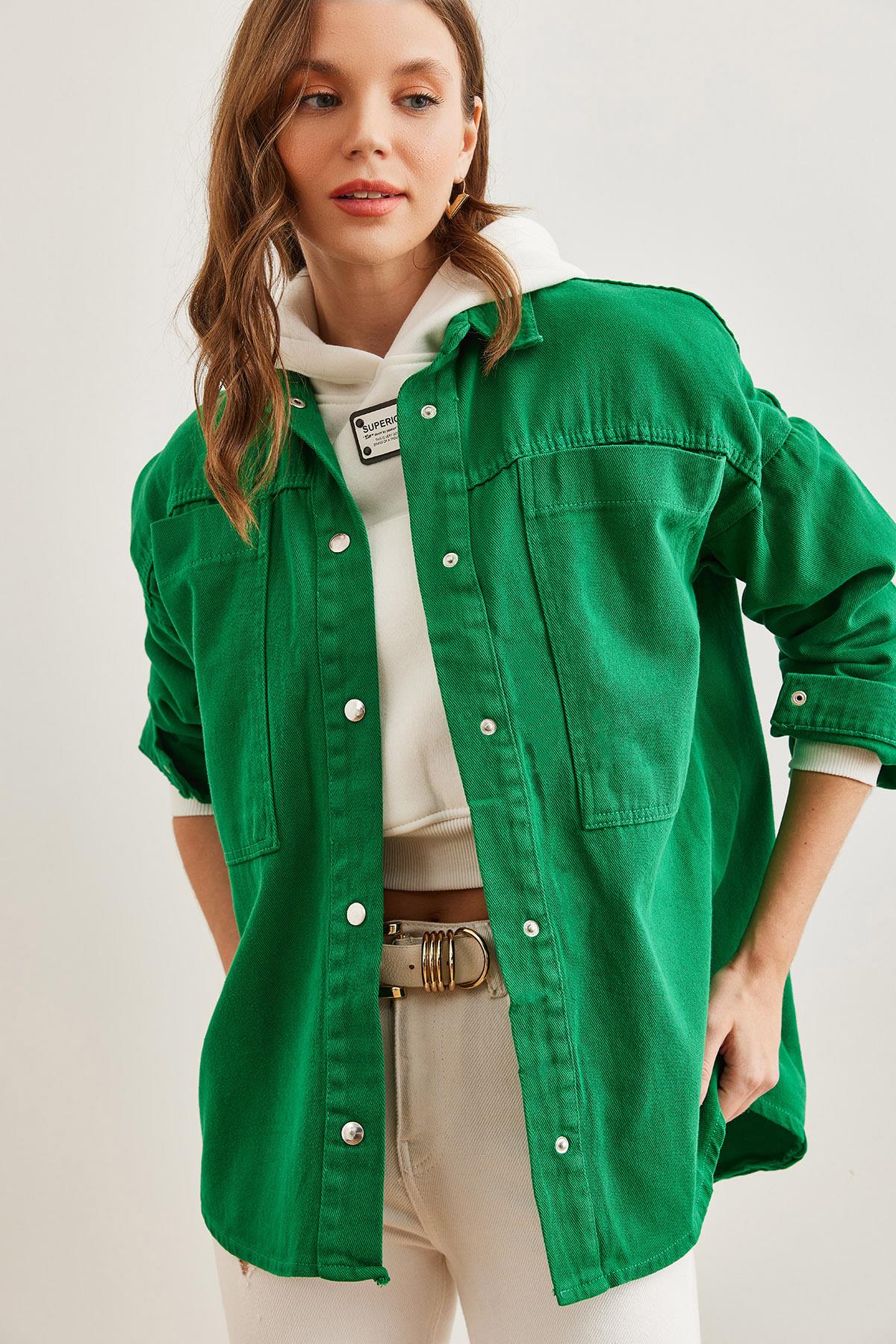 Torba Cepli Oversize Gabardin Gömlek Çimen Yeşili