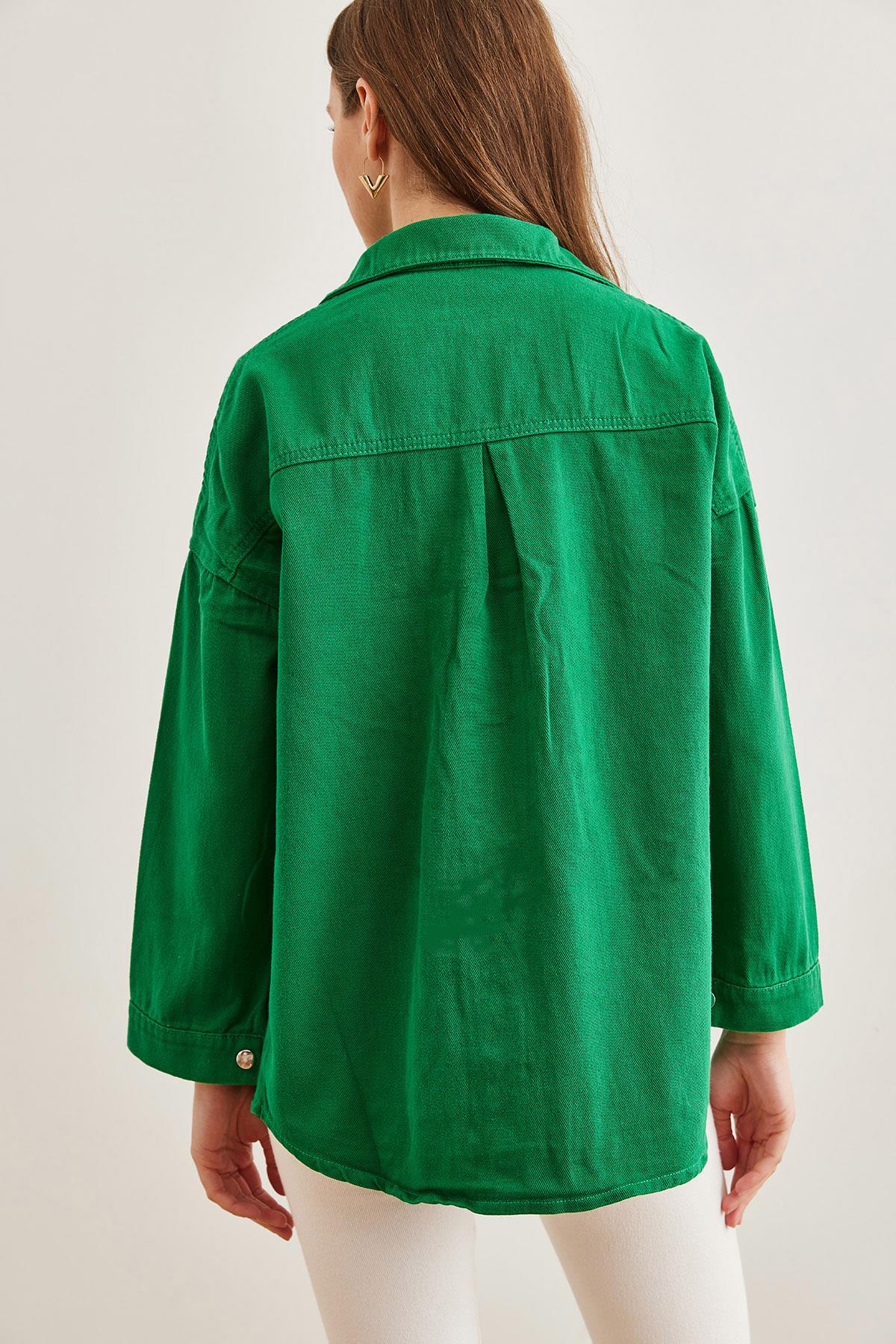 Torba Cepli Oversize Gabardin Gömlek Çimen Yeşili