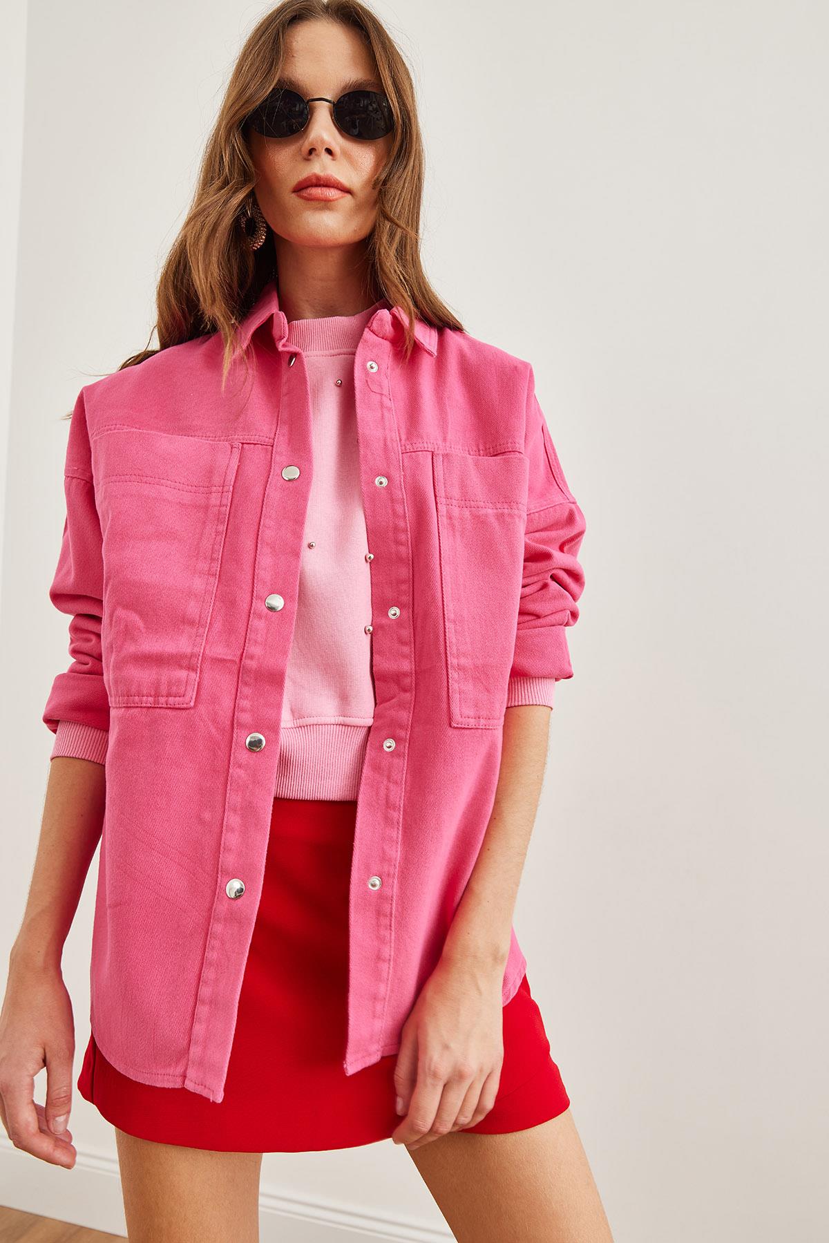 Torba Cepli Oversize Gabardin Gömlek Fuşya