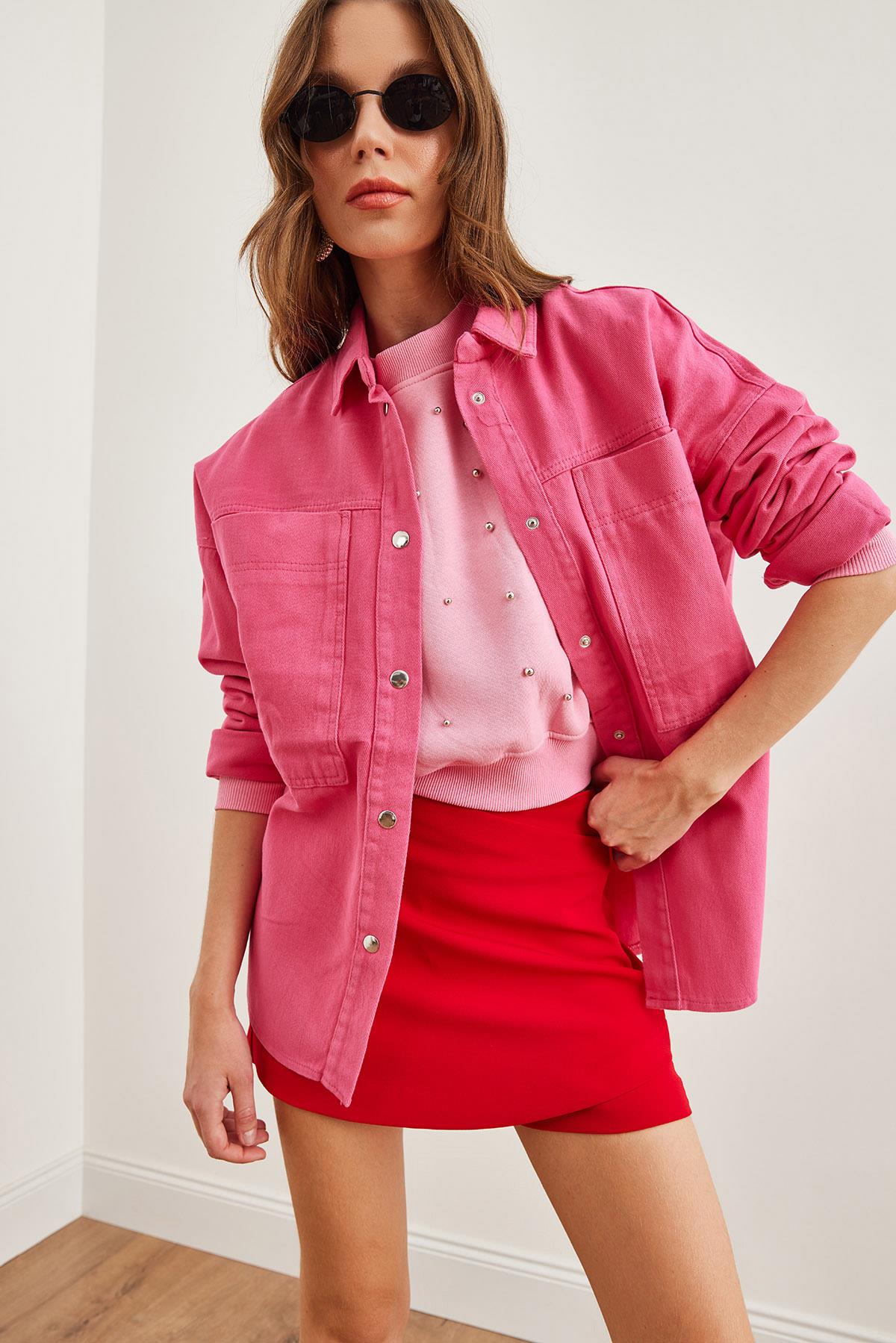 Torba Cepli Oversize Gabardin Gömlek Fuşya