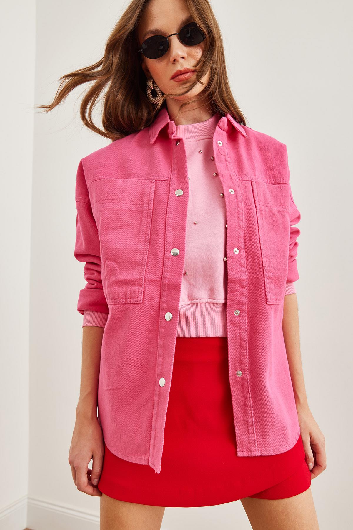 Torba Cepli Oversize Gabardin Gömlek Fuşya