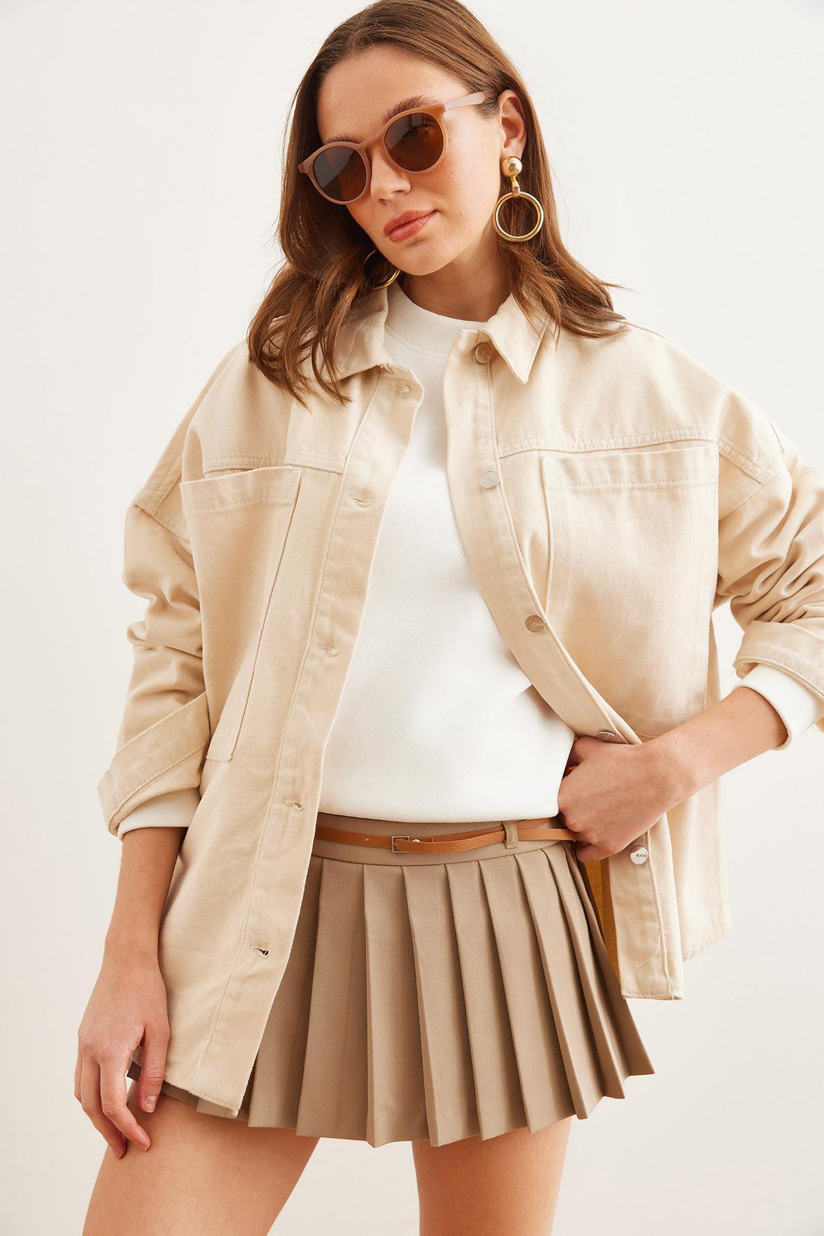 Torba Cepli Oversize Gabardin Gömlek Taş