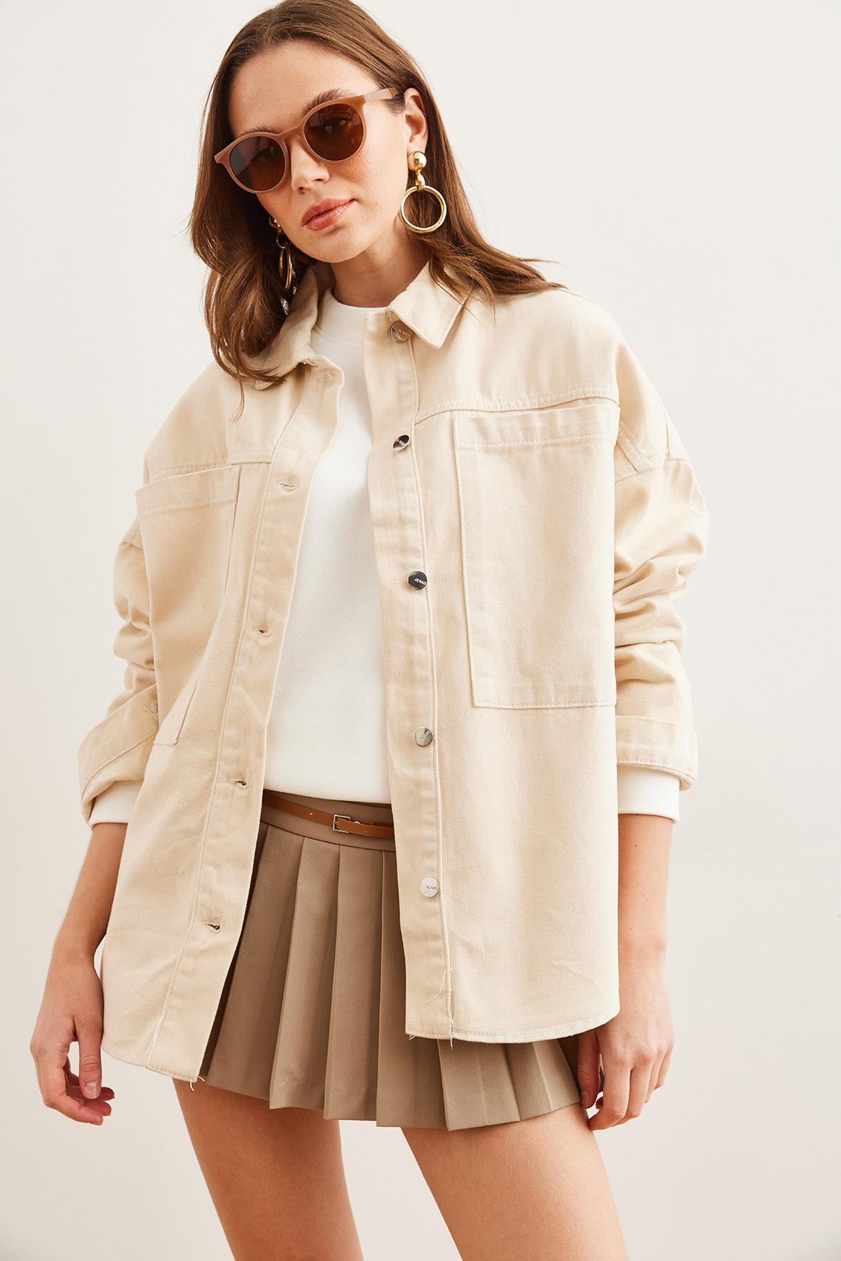 Torba Cepli Oversize Gabardin Gömlek Taş