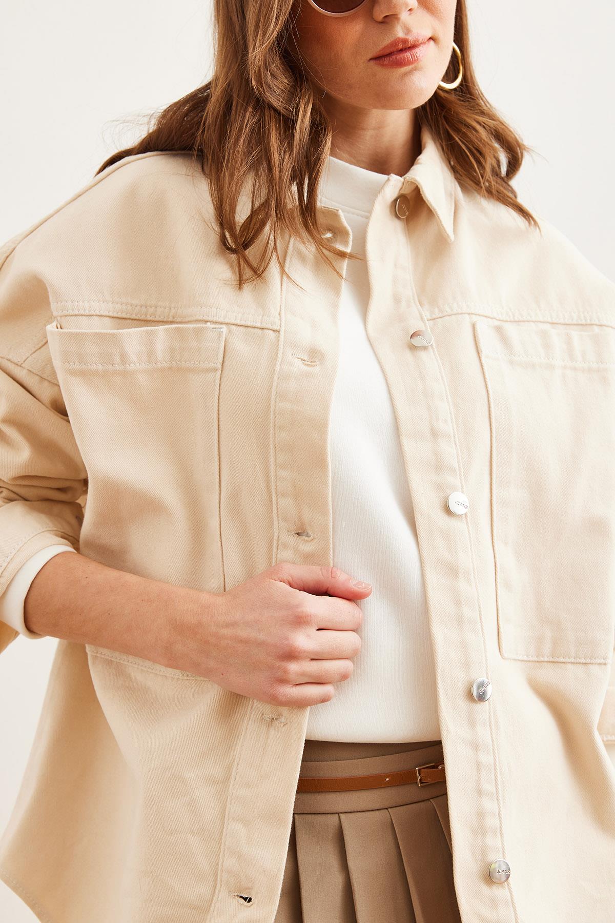 Torba Cepli Oversize Gabardin Gömlek Taş