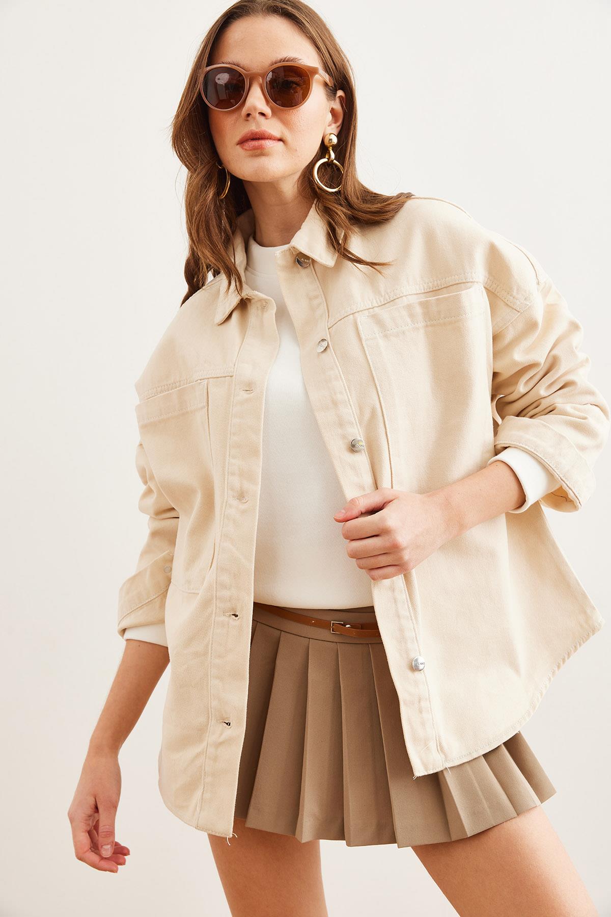 Torba Cepli Oversize Gabardin Gömlek Taş