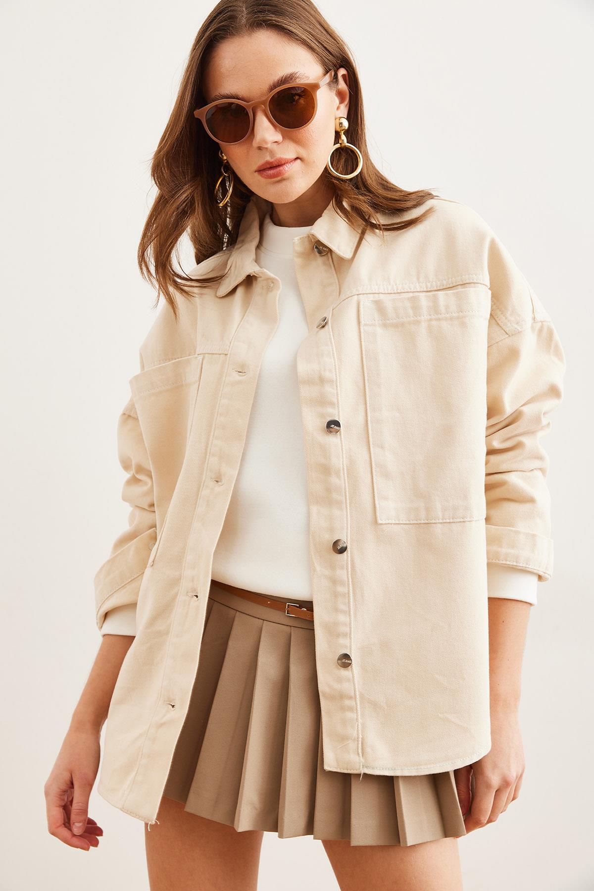 Torba Cepli Oversize Gabardin Gömlek Taş