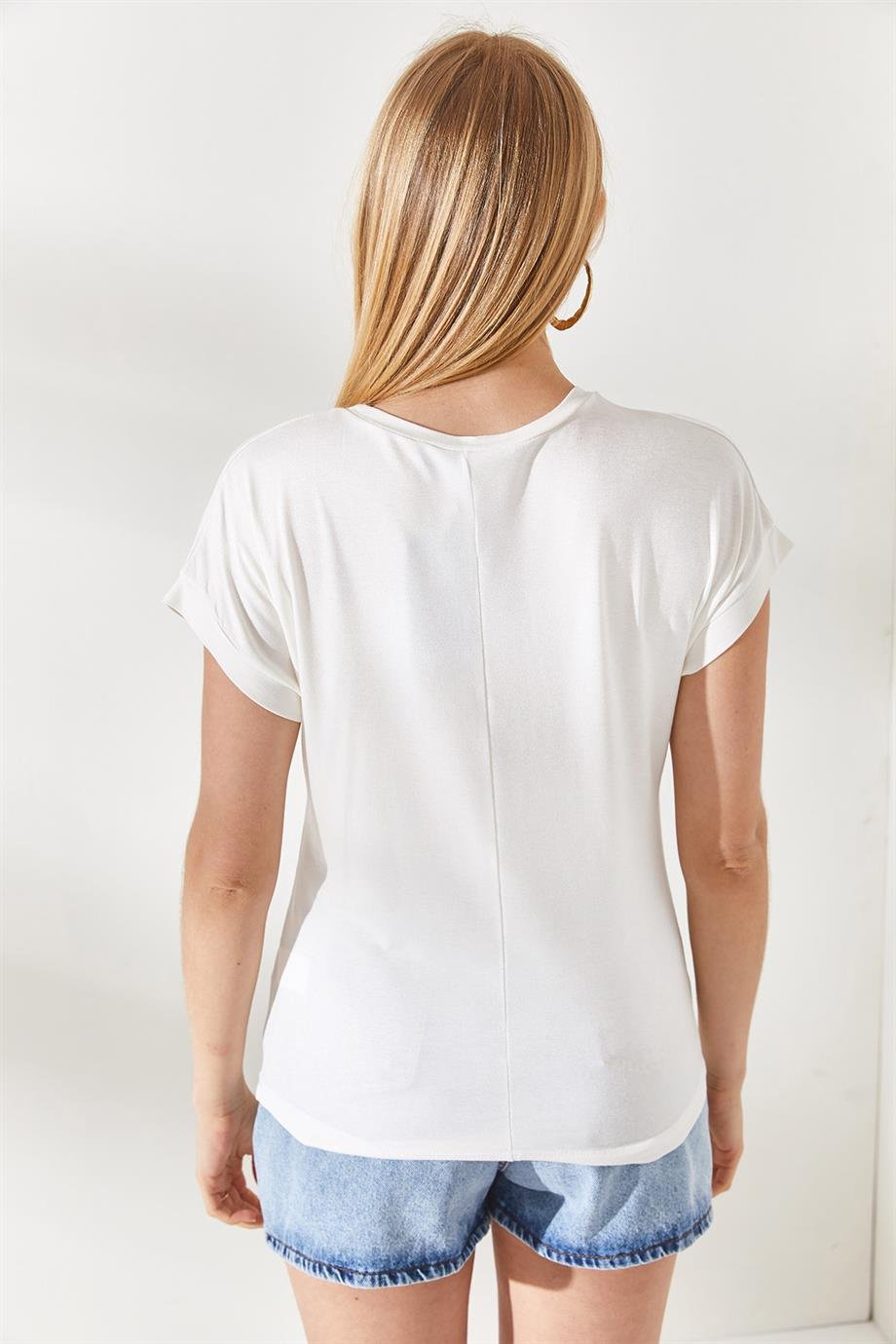 Tüylü Baskılı Tişört Ekru