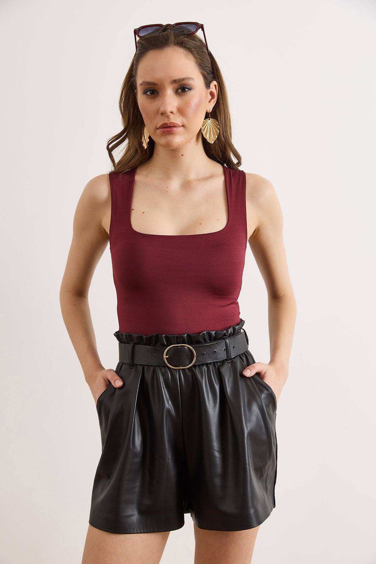 U Yaka Yarıya Kadar Çift Kat Altı Çıtçıtlı Bodysuit Bordo