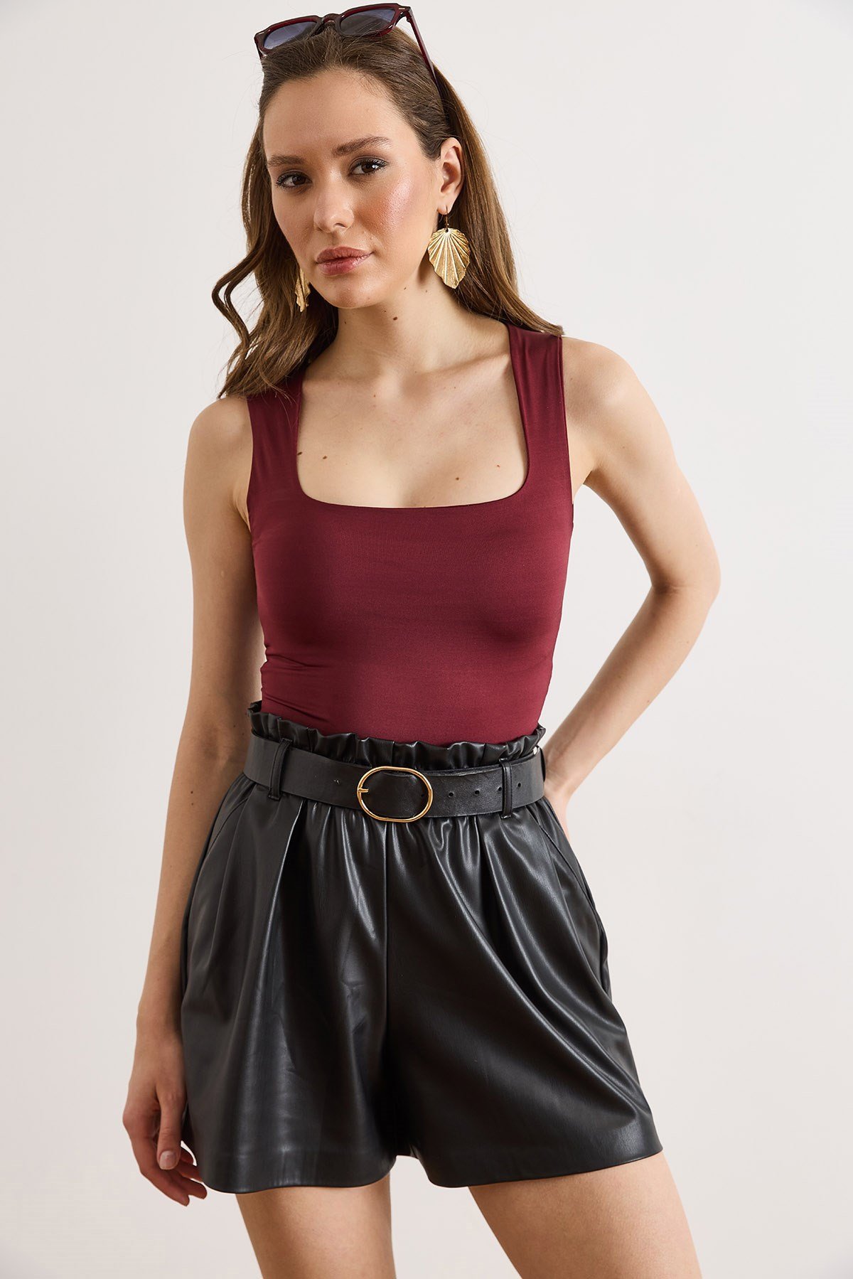 U Yaka Yarıya Kadar Çift Kat Altı Çıtçıtlı Bodysuit Bordo