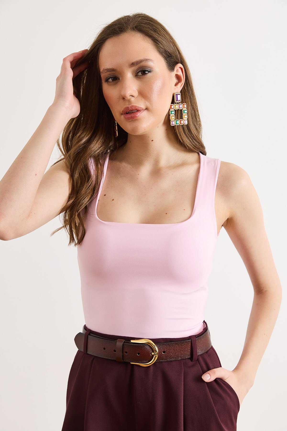 U Yaka Yarıya Kadar Çift Kat Altı Çıtçıtlı Bodysuit Pembe
