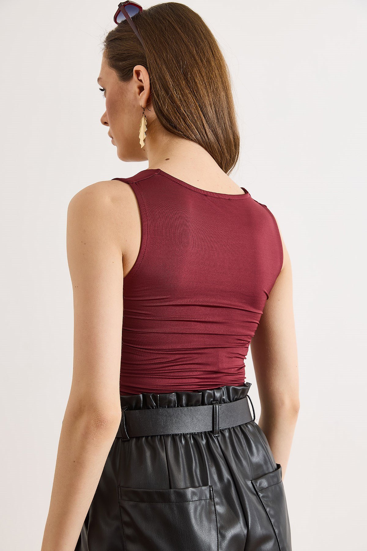 U Yaka Yarıya Kadar Çift Kat Altı Çıtçıtlı Bodysuit Bordo