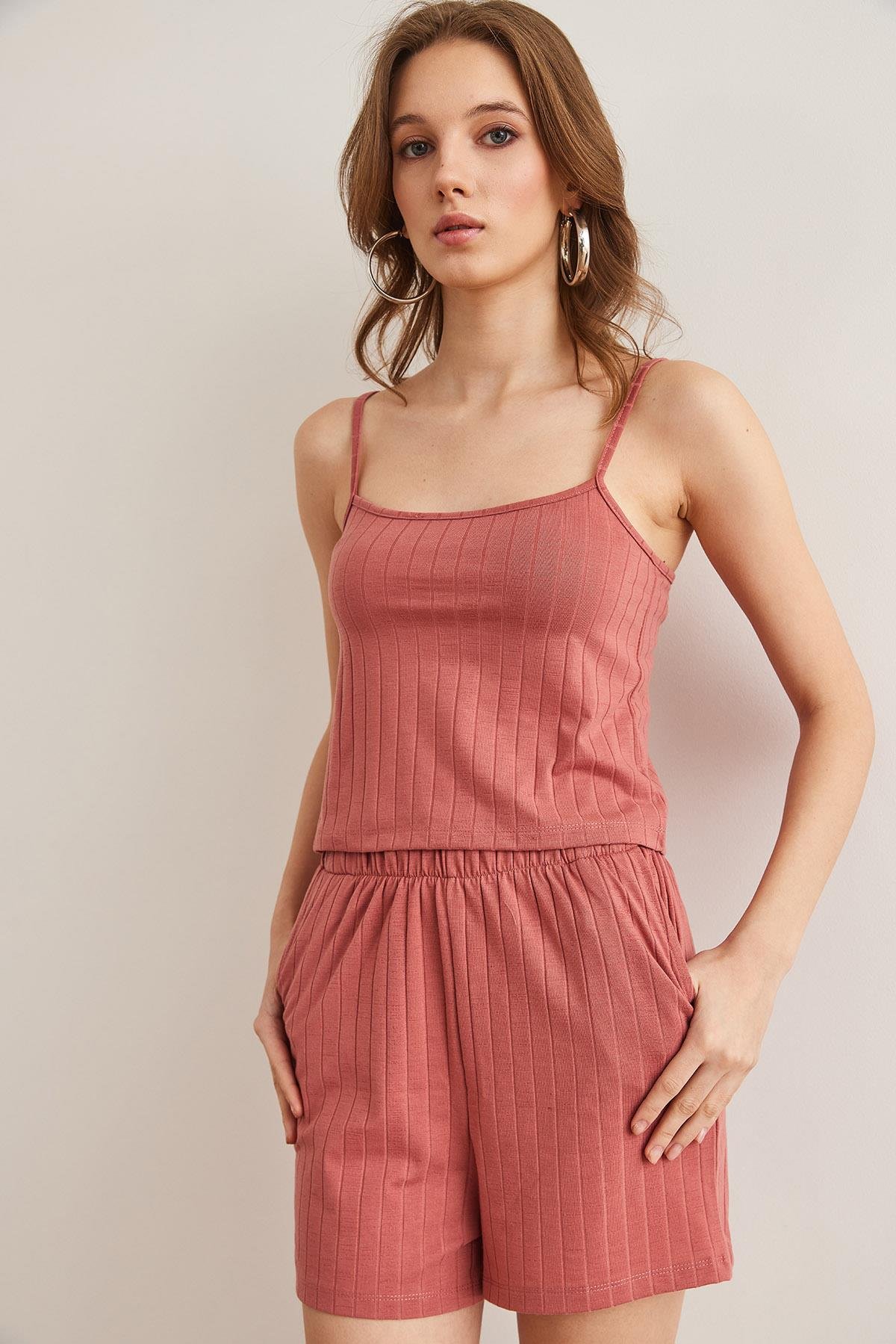 Üst Askılı Bluz Alt Cepli Şort Pijama Takım Gül Kurusu