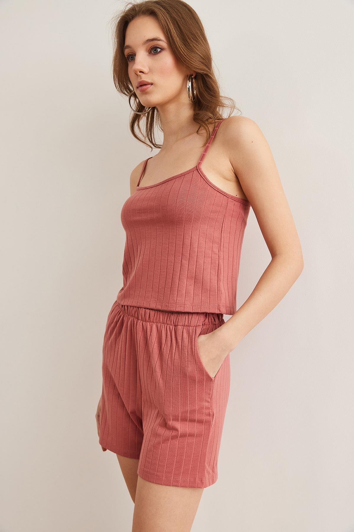 Üst Askılı Bluz Alt Cepli Şort Pijama Takım Gül Kurusu