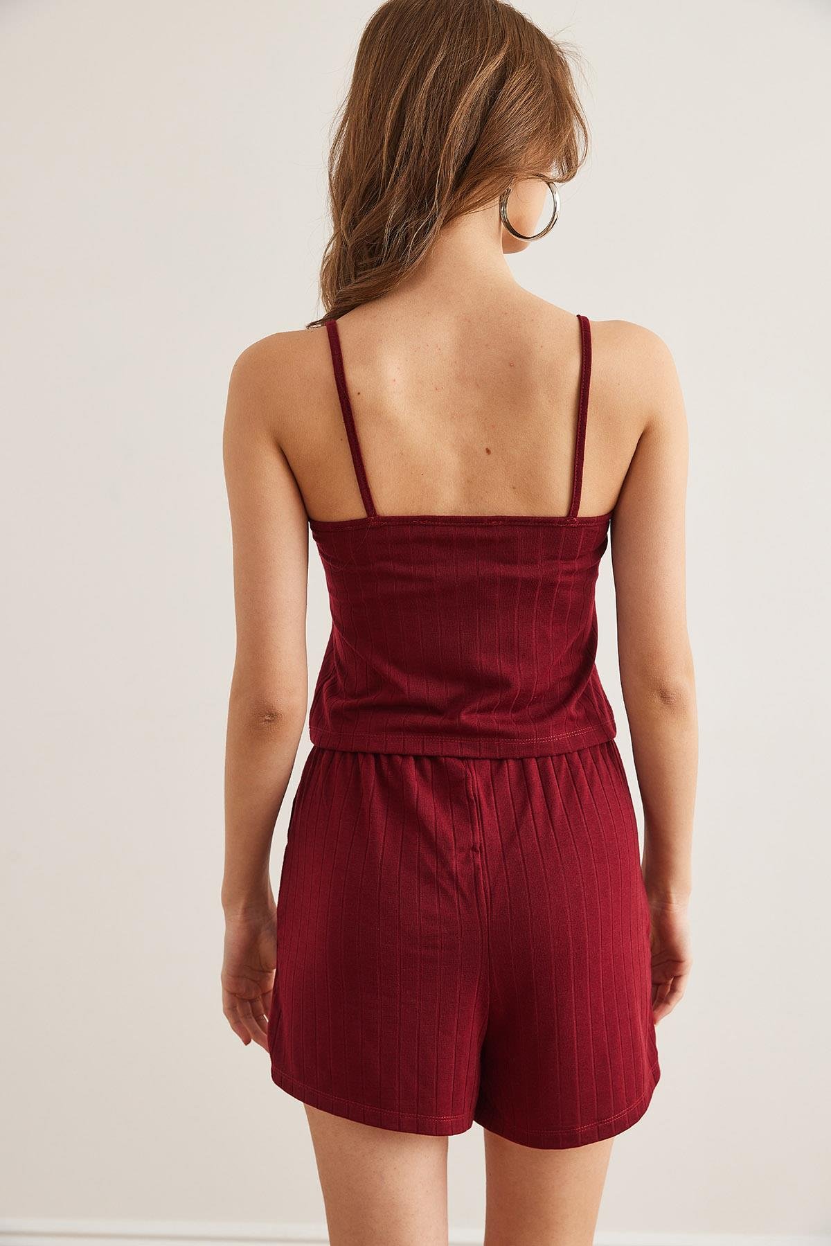 Üst Askılı Bluz Alt Cepli Şort Pijama Takım Bordo