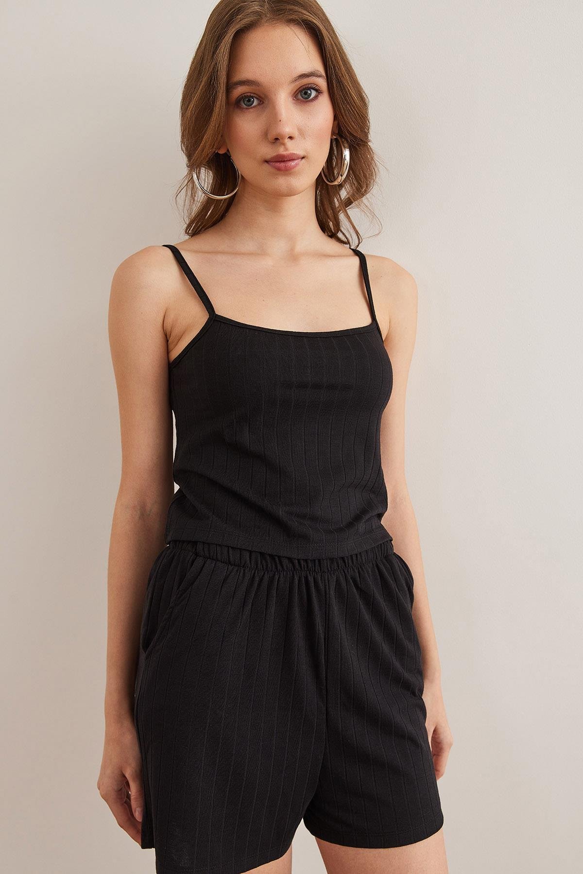 Üst Askılı Bluz Alt Cepli Şort Pijama Takım Siyah