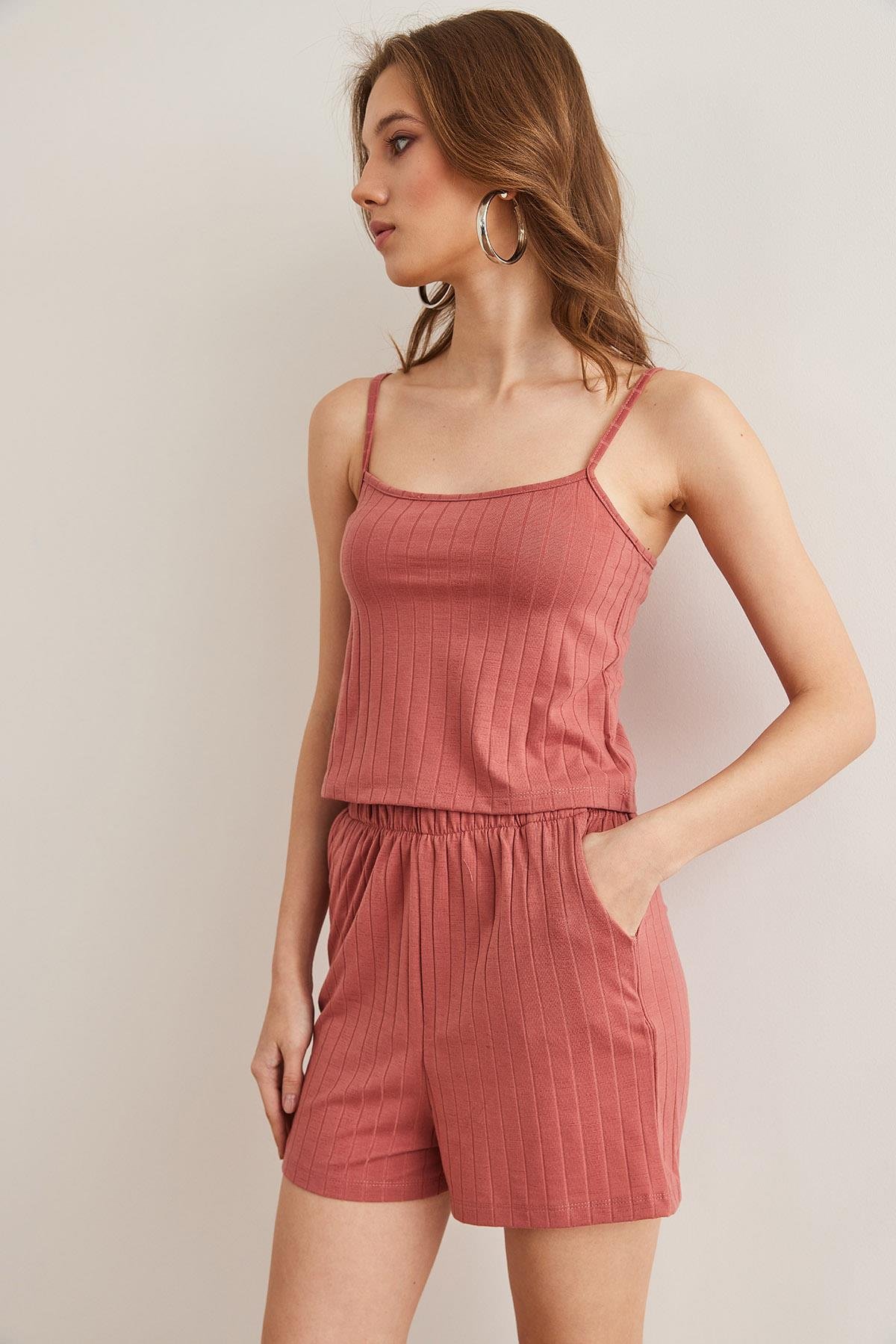 Üst Askılı Bluz Alt Cepli Şort Pijama Takım Gül Kurusu