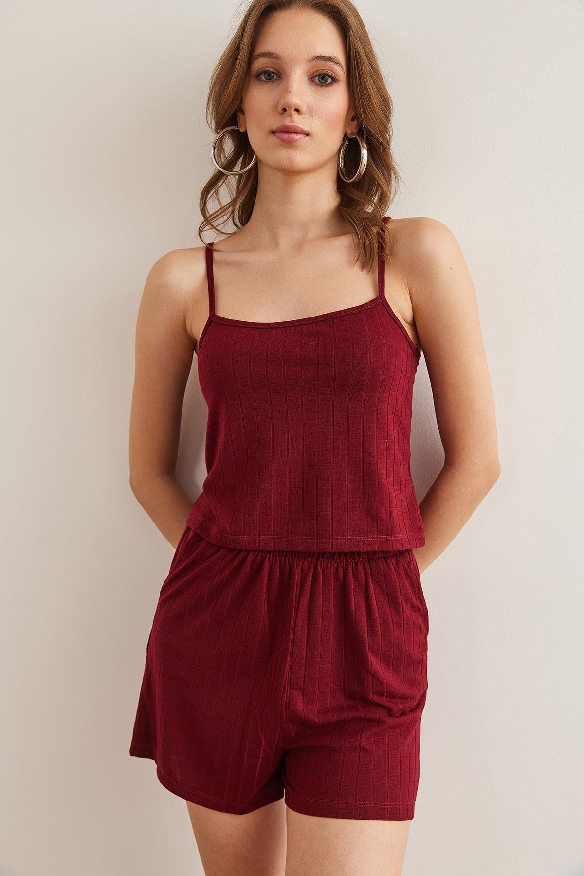 Üst Askılı Bluz Alt Cepli Şort Pijama Takım Bordo