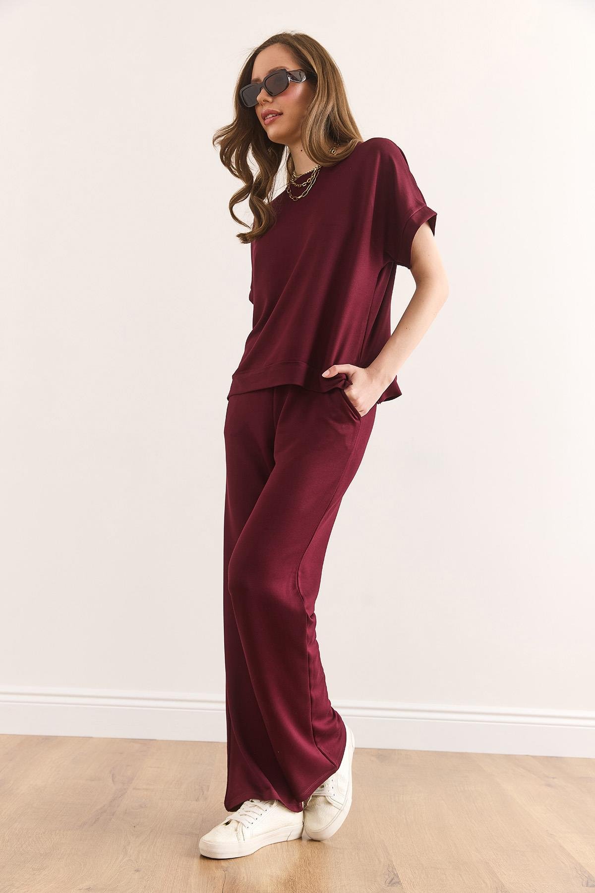 Üst Bluz Alt Cepli Pantolon Takım Bordo