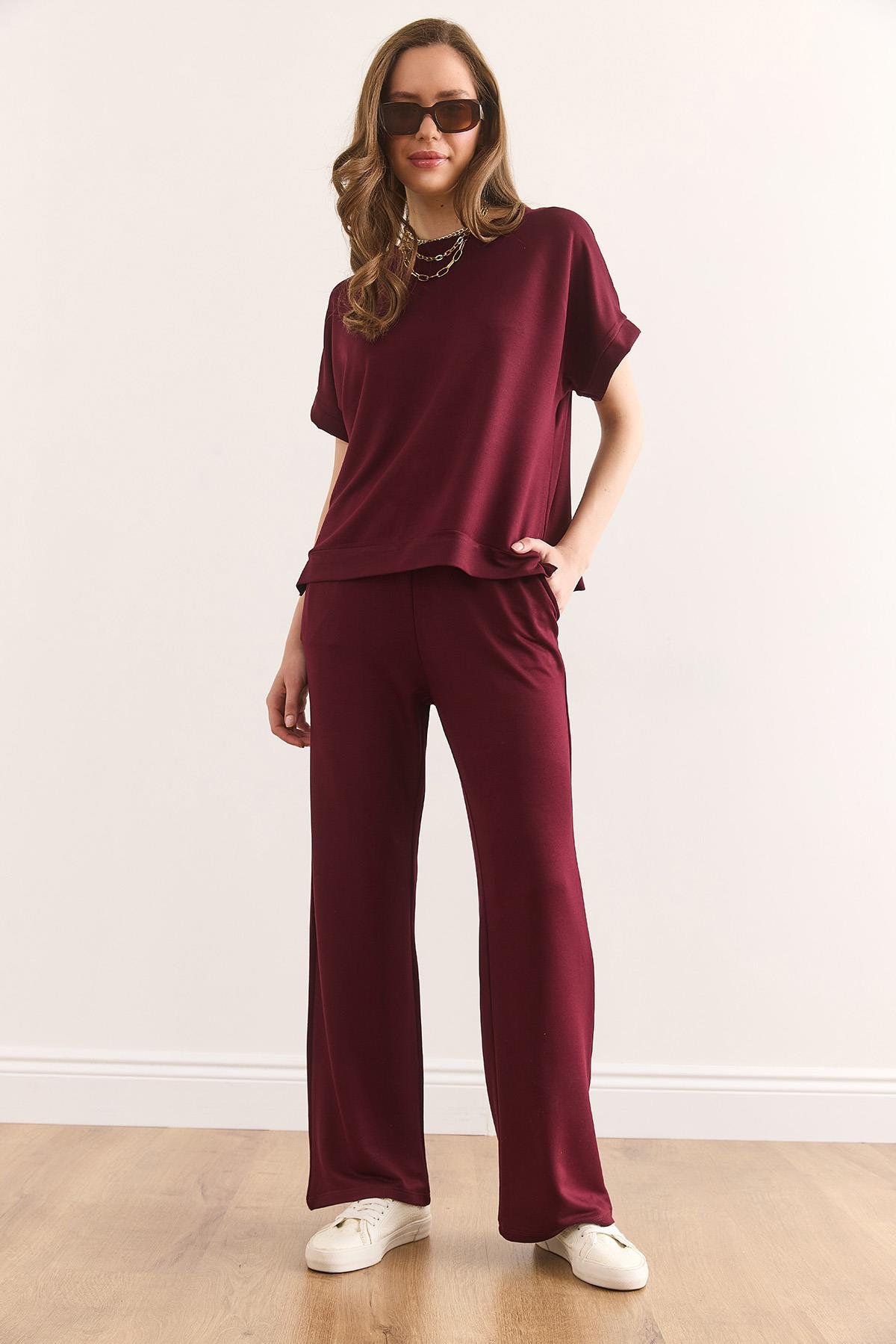 Üst Bluz Alt Cepli Pantolon Takım Bordo