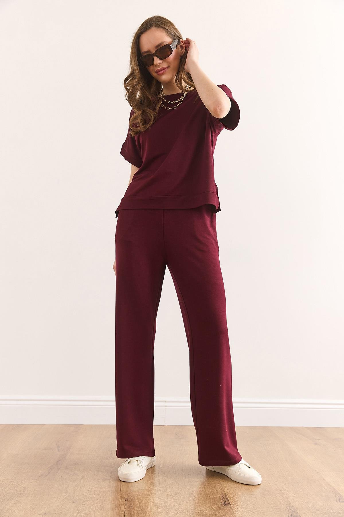 Üst Bluz Alt Cepli Pantolon Takım Bordo
