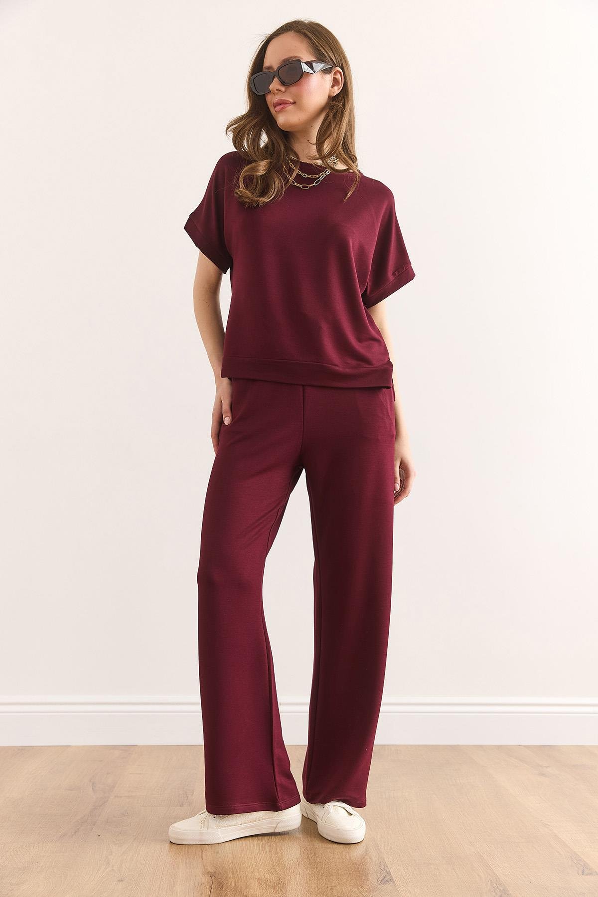 Üst Bluz Alt Cepli Pantolon Takım Bordo