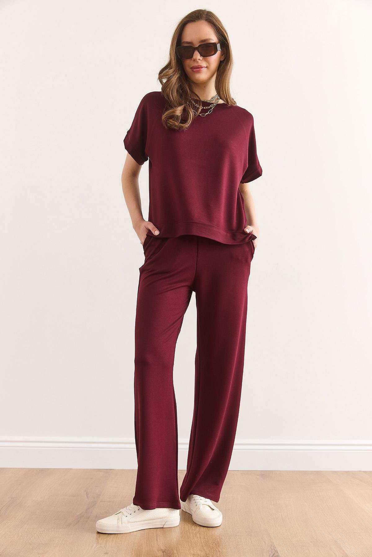 Üst Bluz Alt Cepli Pantolon Takım Bordo