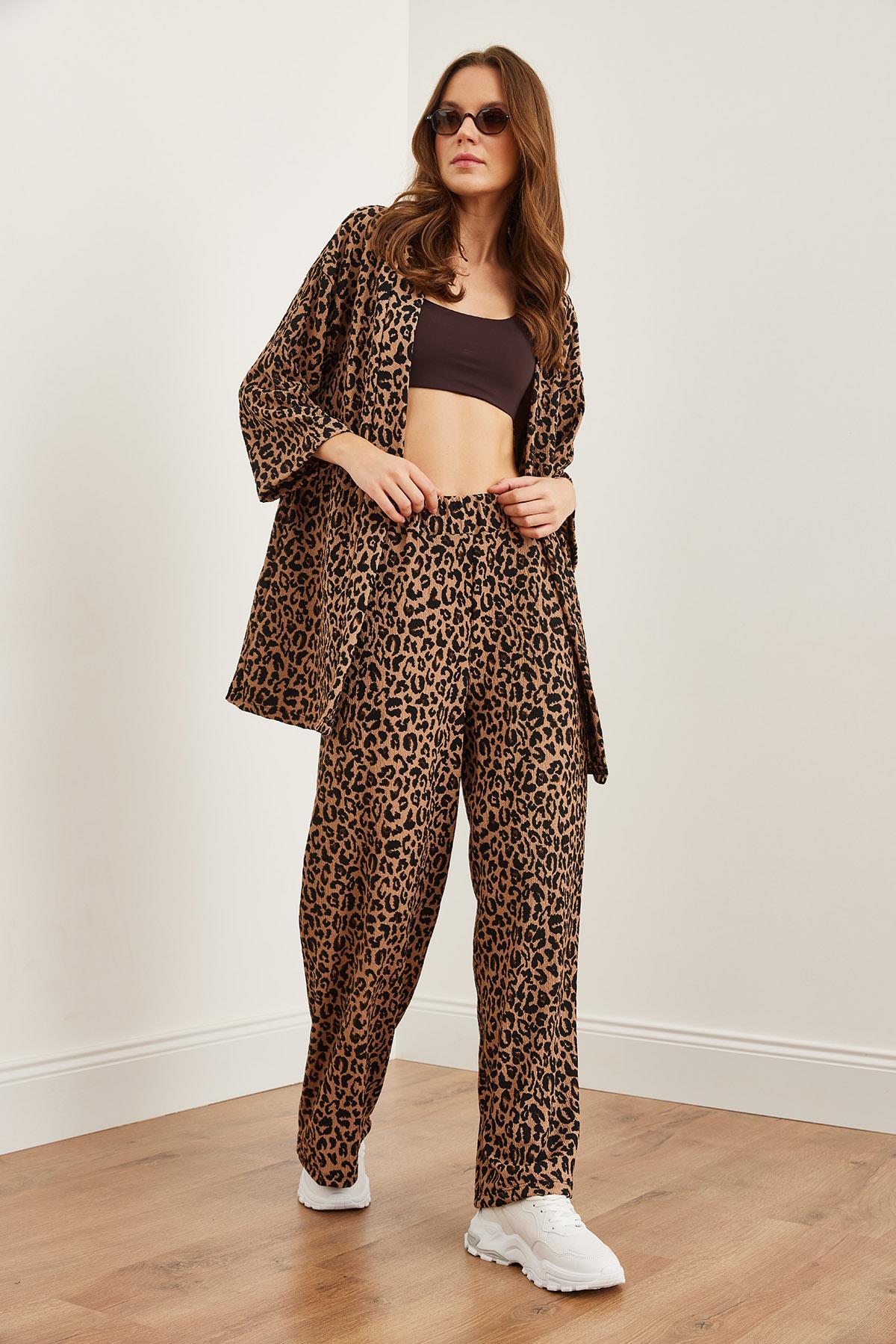 Üst Ceket Alt Palazzo Leopar Takım Camel Siyah