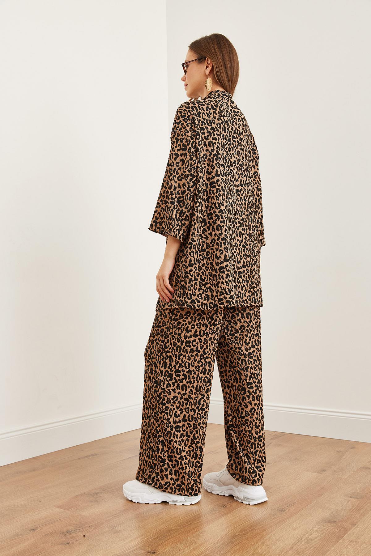 Üst Ceket Alt Palazzo Leopar Takım Camel Siyah