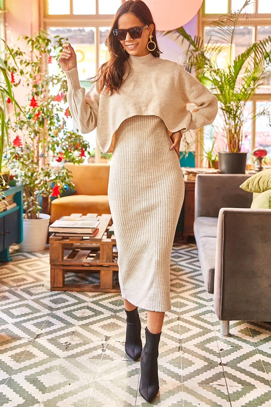 Üst Crop Kazak Alt Askılı Elbise Triko Takım Taş