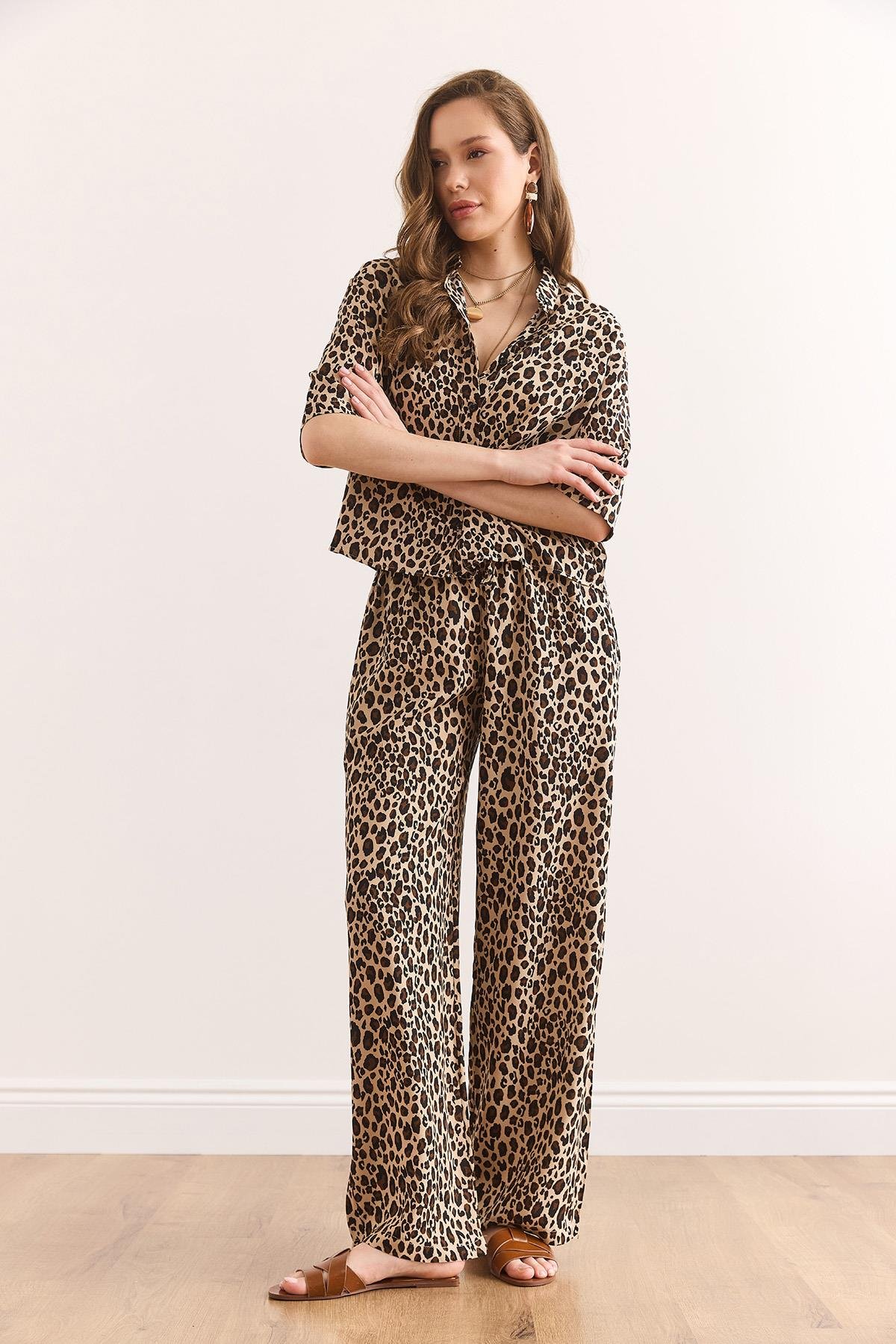 Üst Gömlek Alt Cepli Pantolon Viskon Takım Leopar Camel