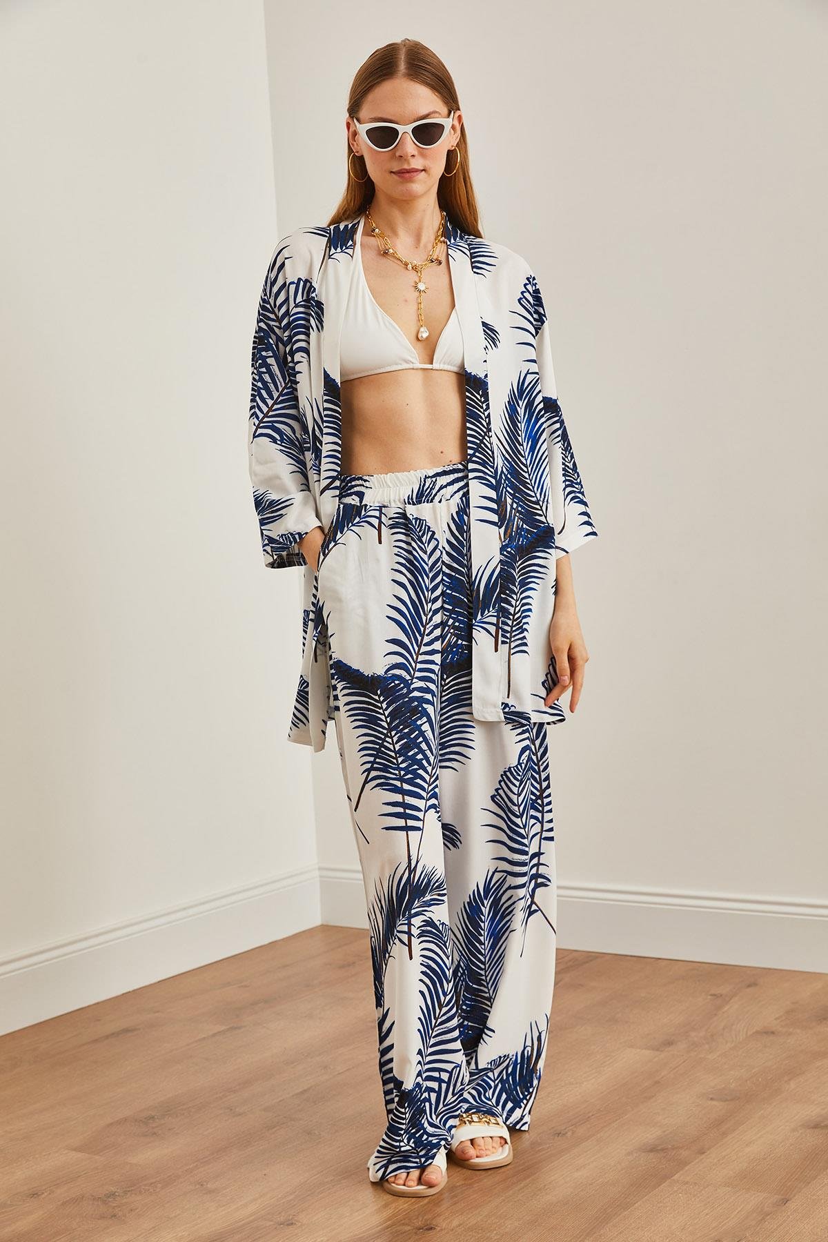 Üst Kimono Alt Cepli Palazzo Pantolon Takım Beyaz Lacivert