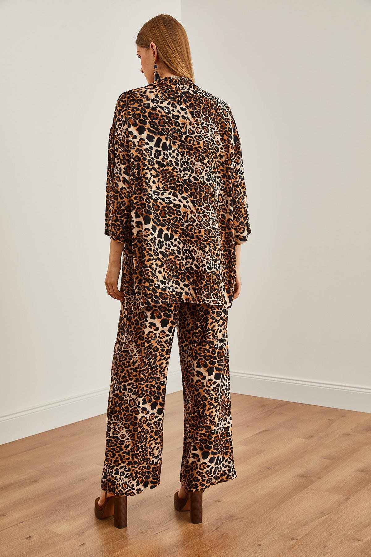 Üst Kimono Alt Cepli Palazzo Pantolon Takım Leopar Siyah